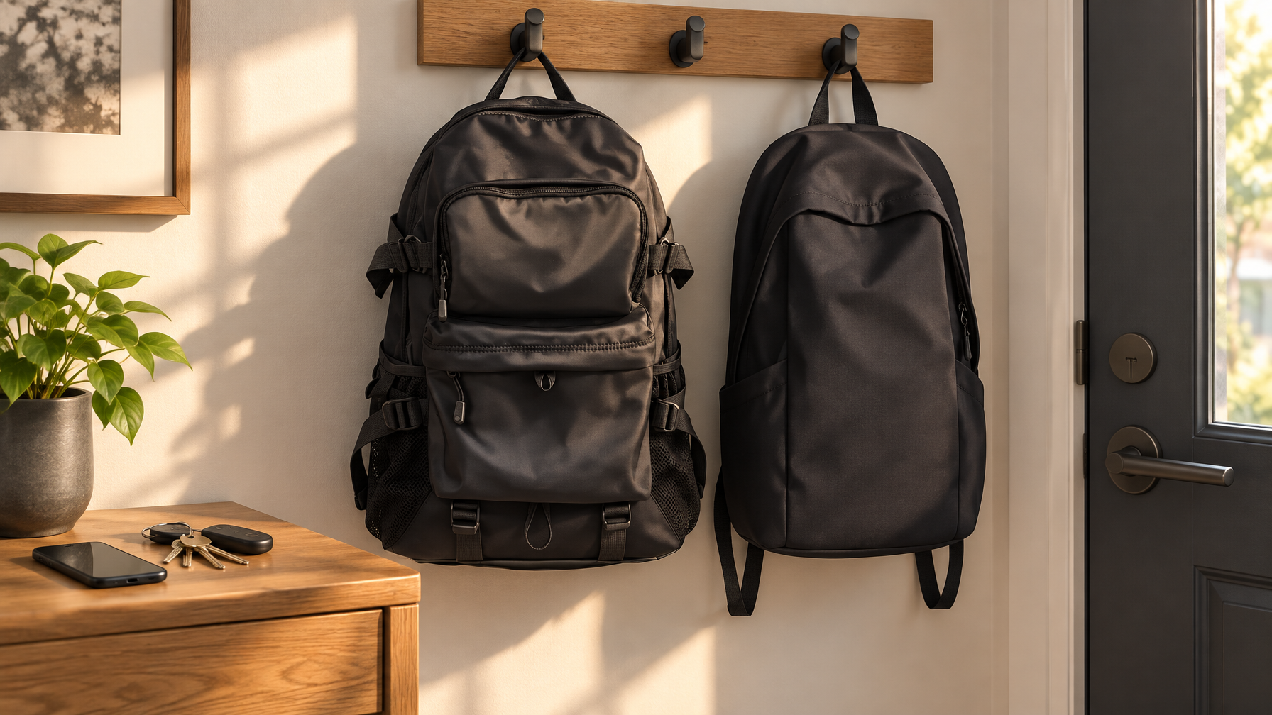 Two closed black backpacks by a doorway with keys and phone on a side table in morning light