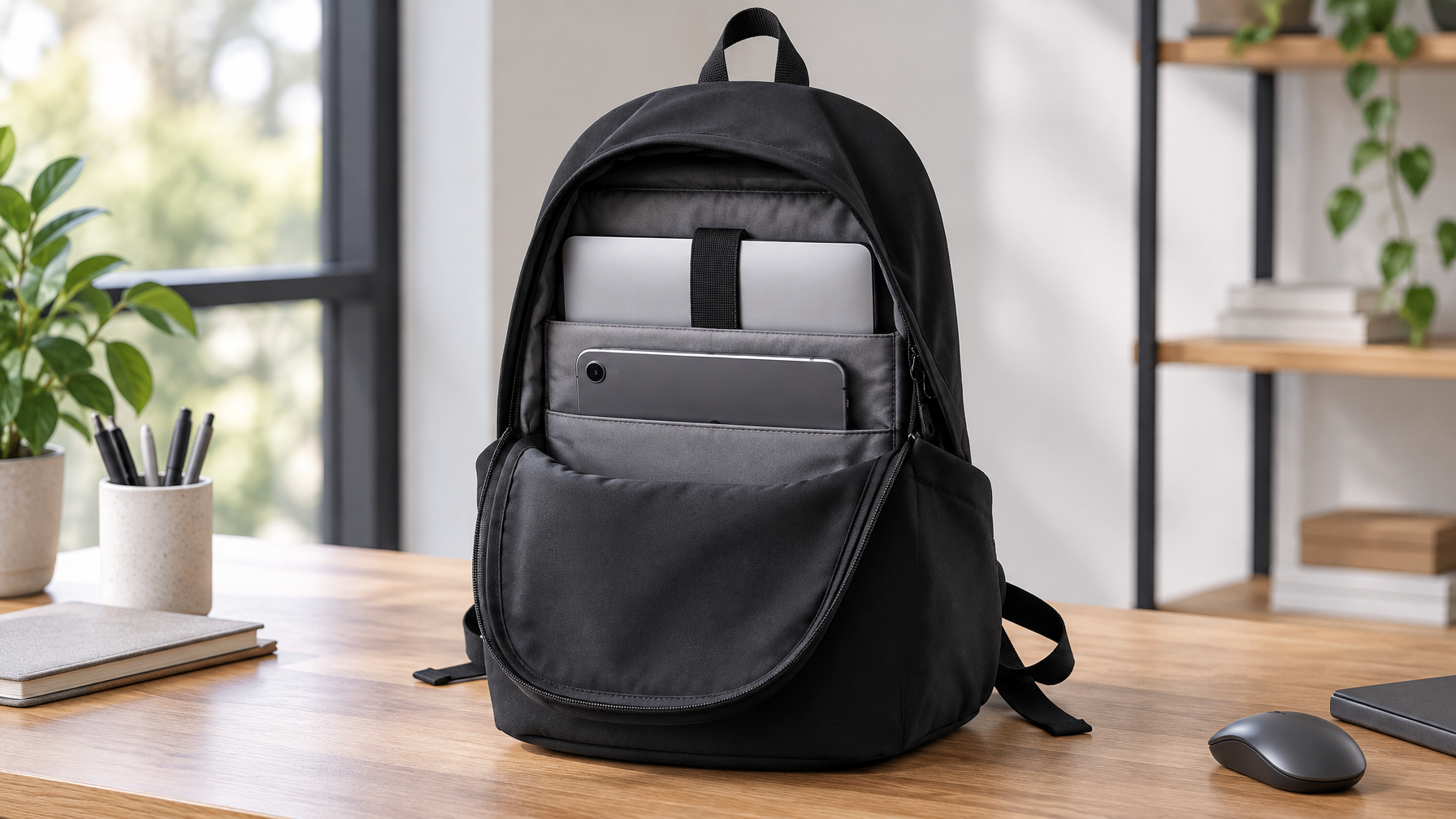 Open black day backpack on a desk with a laptop and tablet packed in separate layers
