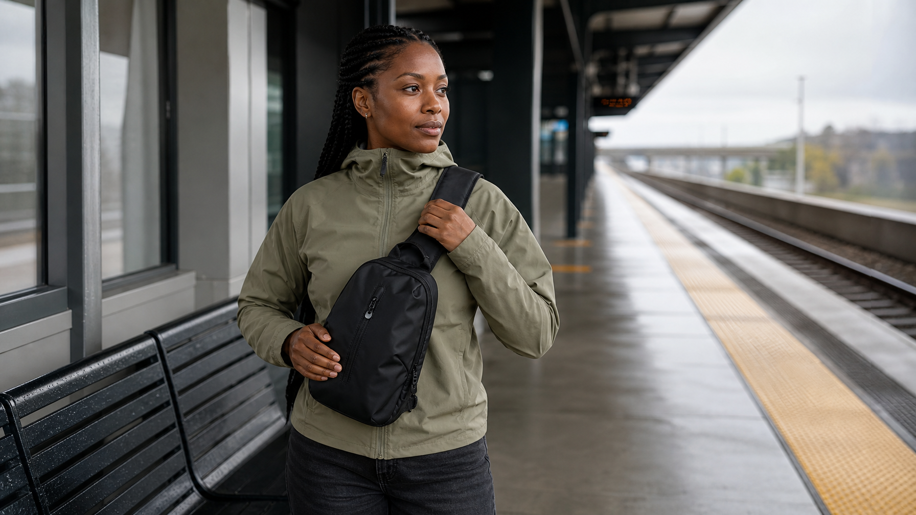 Black woman in early 30s on a morning transit platform adjusting a compact matte black sling bag
