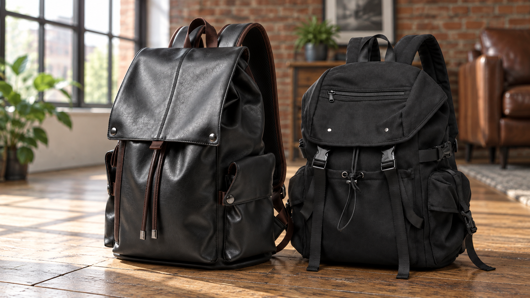 Black PVC day pack standing beside a soft fabric everyday backpack for shell contrast