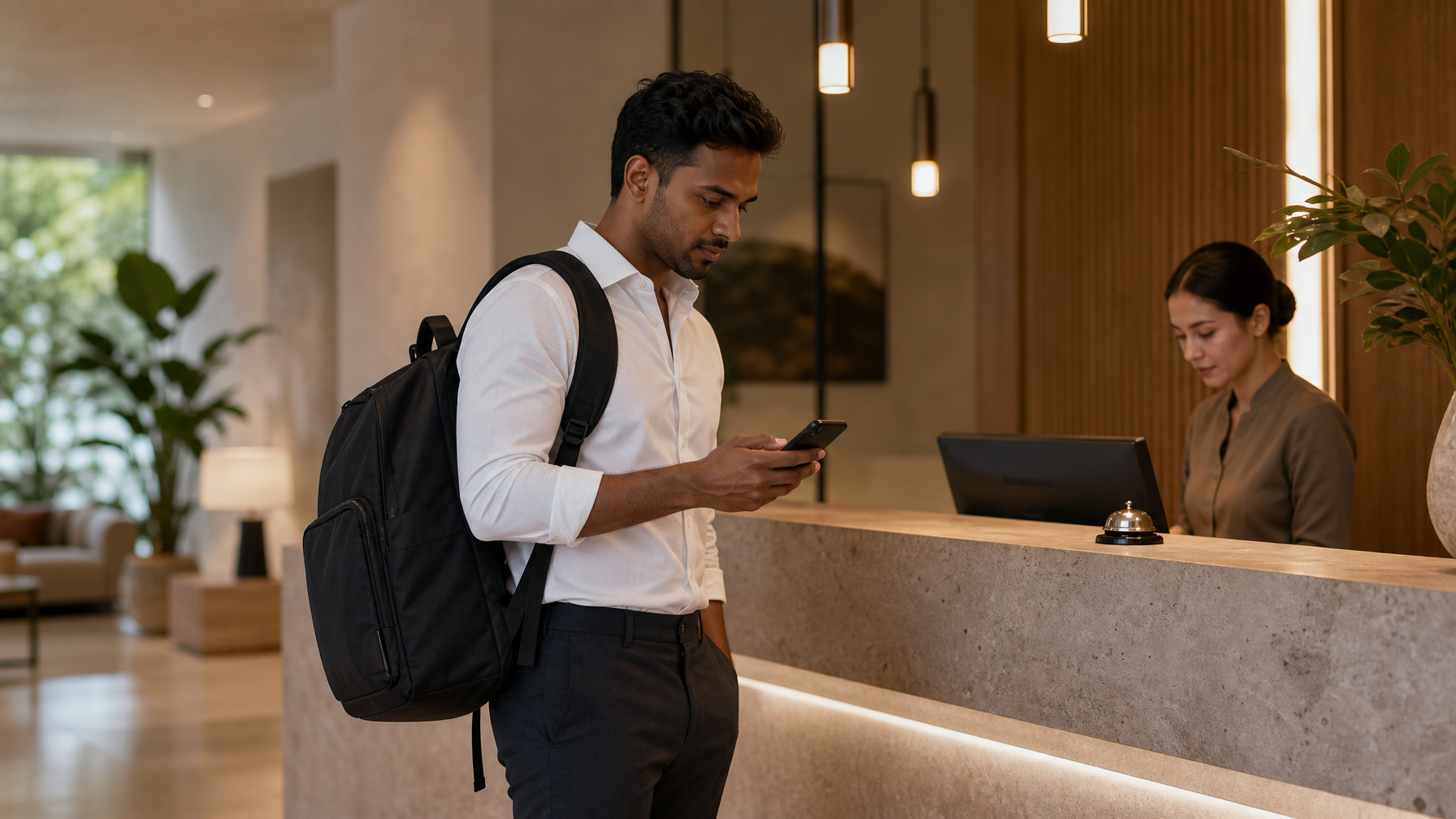 South Asian man in his early 30s arriving at a hotel reception desk, large matte black backpack still on his back, checking his phone — the arrival moment