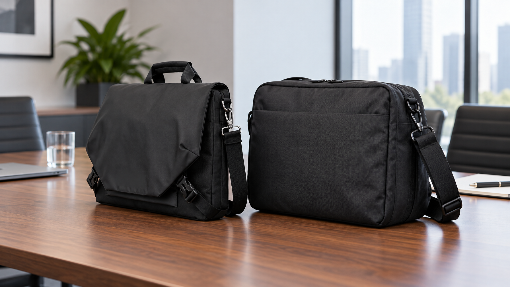 Closed slim black laptop brief standing next to a bulkier black messenger on a conference table