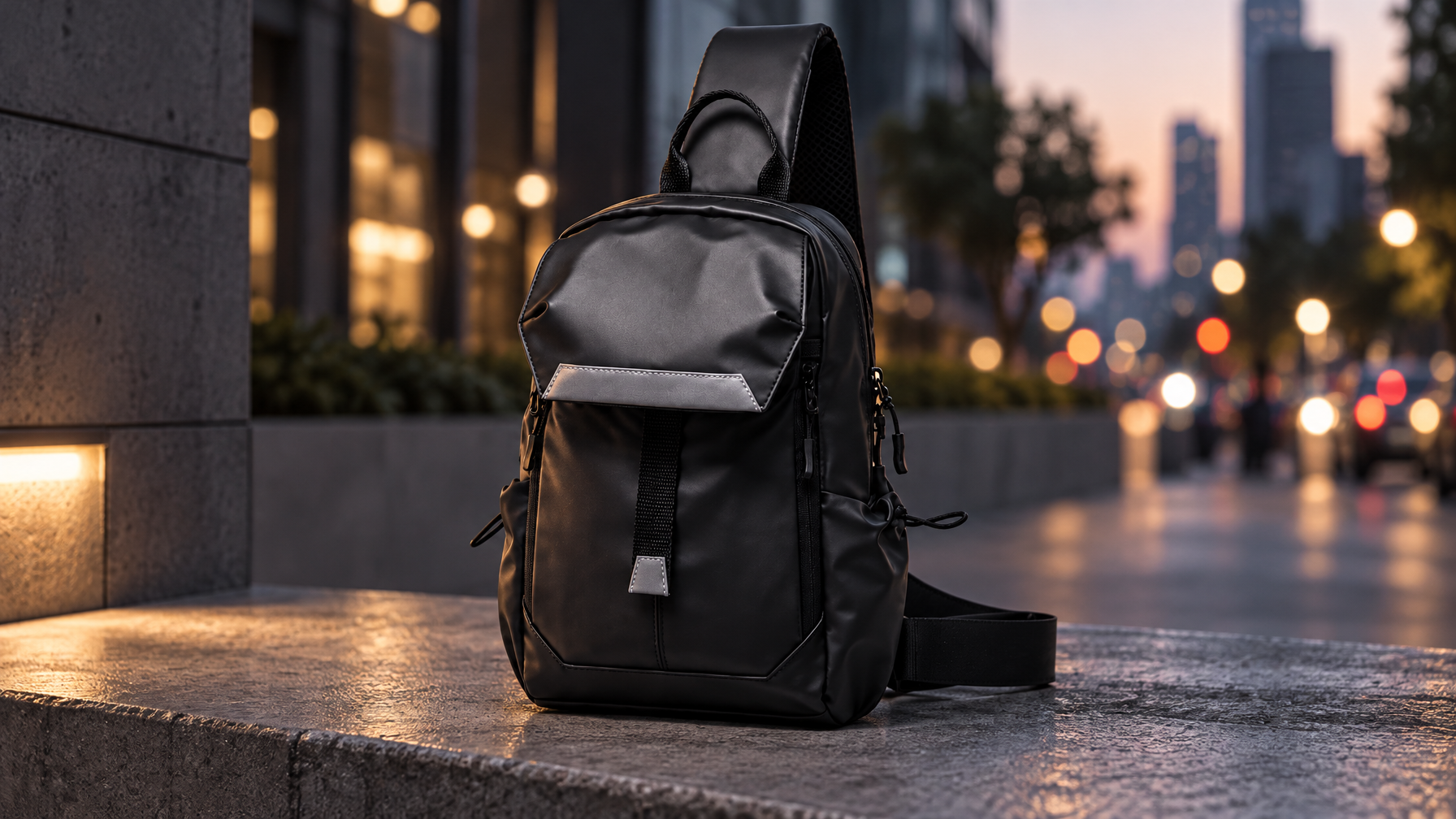 Black nylon everyday sling on a concrete ledge at dusk with soft city light in the background