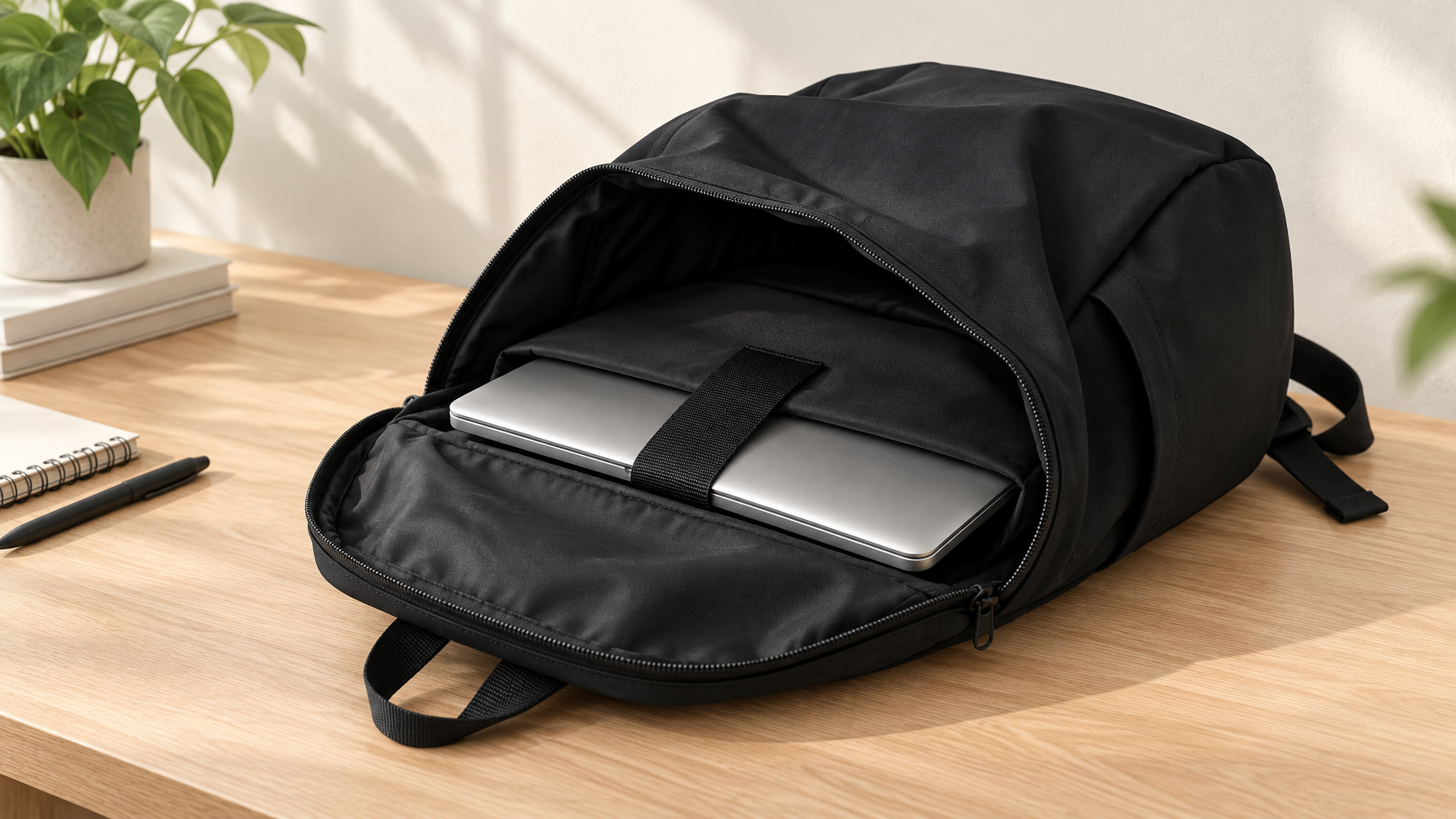 Open black lightweight everyday laptop backpack with a closed 15.6-inch laptop in a padded sleeve on a light oak desk