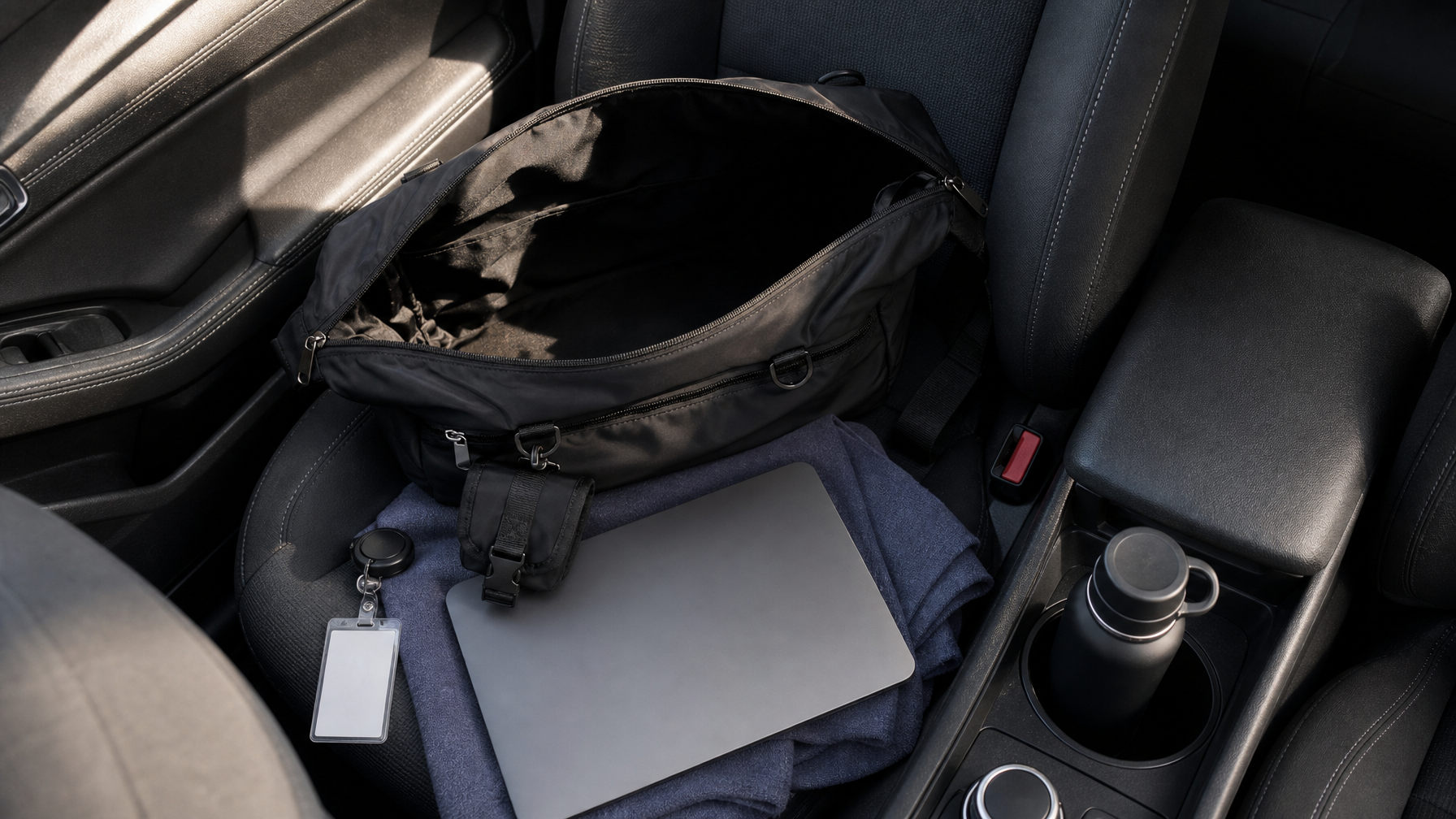 Overhead of a car passenger seat with a closed laptop, keys, badge, water bottle, and an open black messenger showing an unpartitioned main cavity