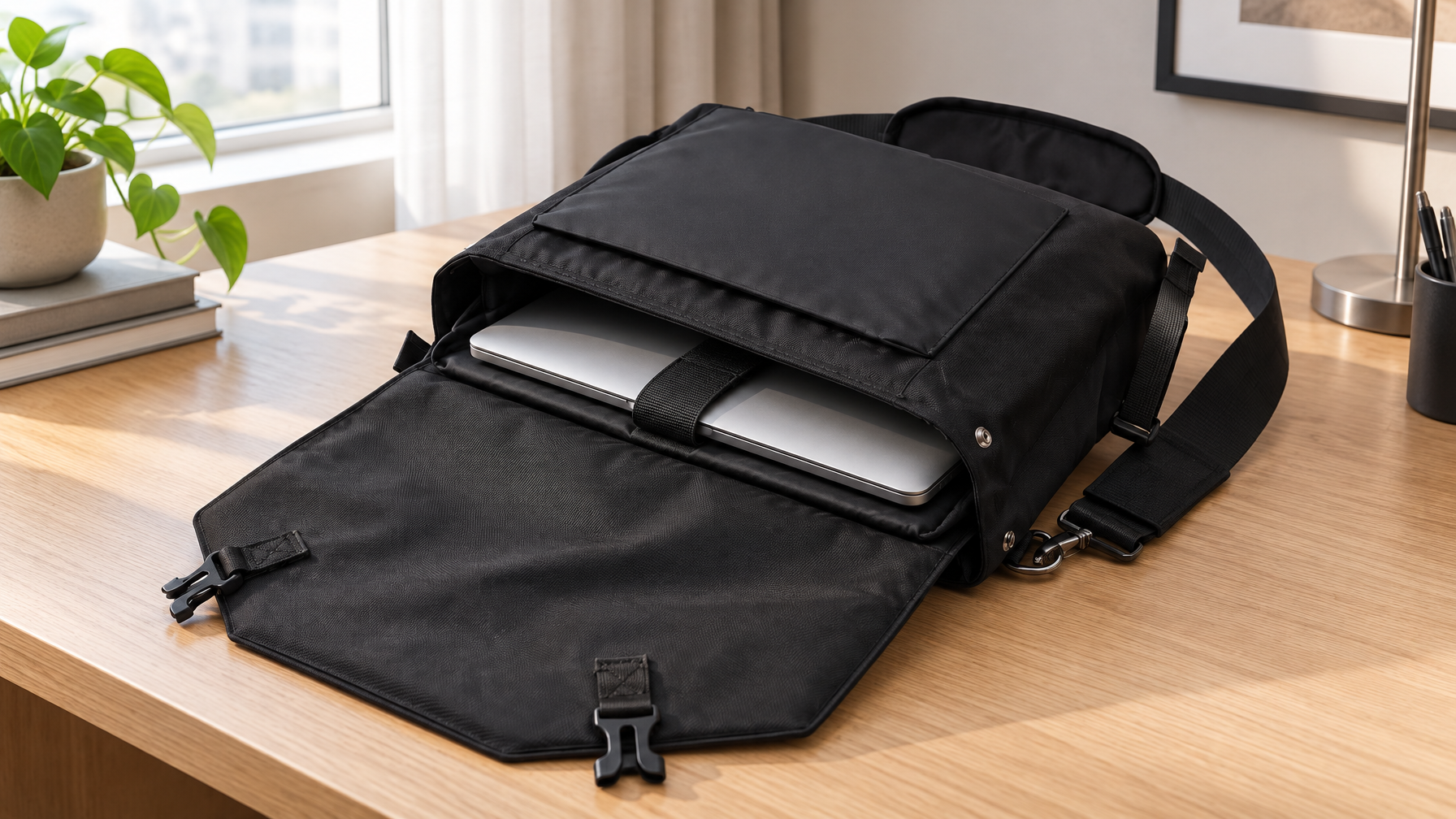 Open black Rook Brief on a light oak desk with a closed slim laptop seated in the padded laptop compartment