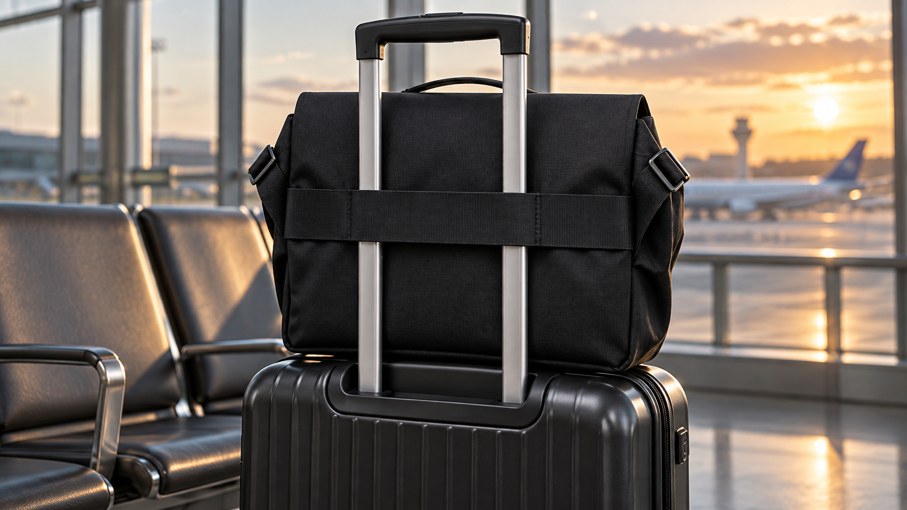 Black flap messenger riding a rolling suitcase handle by the luggage strap at airport seating