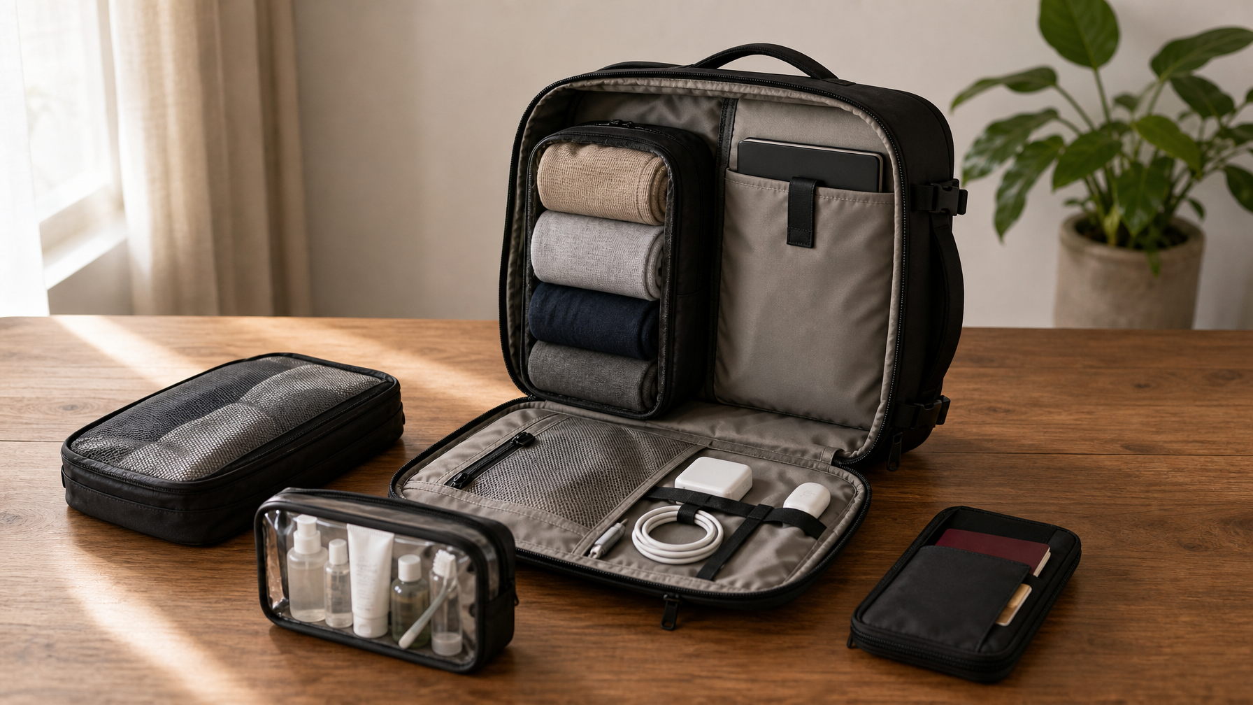 Dark compact travel backpack open on a table showing organized interior — packing cube with rolled clothing, tech pouch with cables, clear toiletry bag, passport pouch
