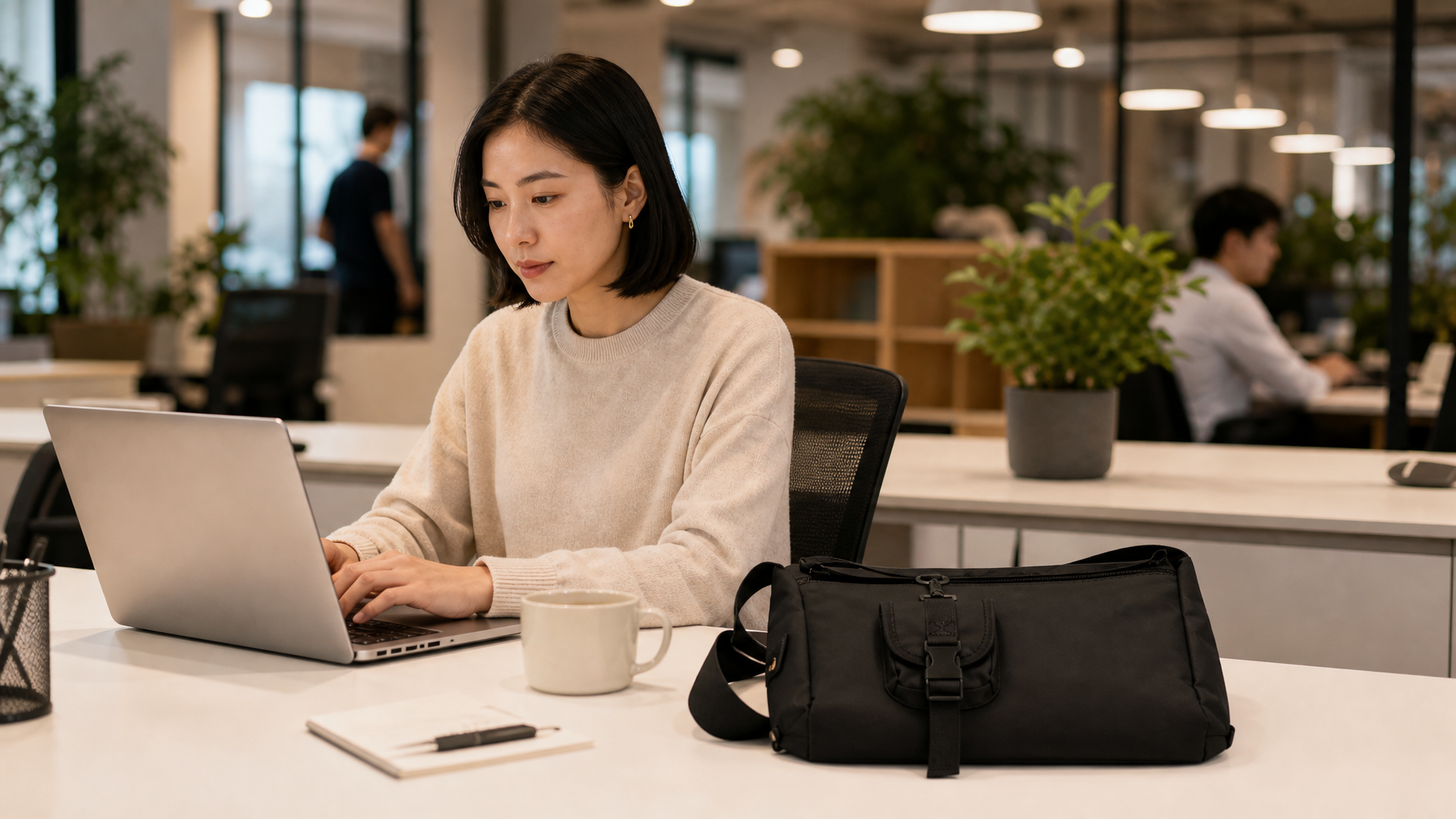 East Asian woman in her early 30s focused on her laptop at a minimal office desk, matte black messenger bag sitting naturally closed beside the laptop