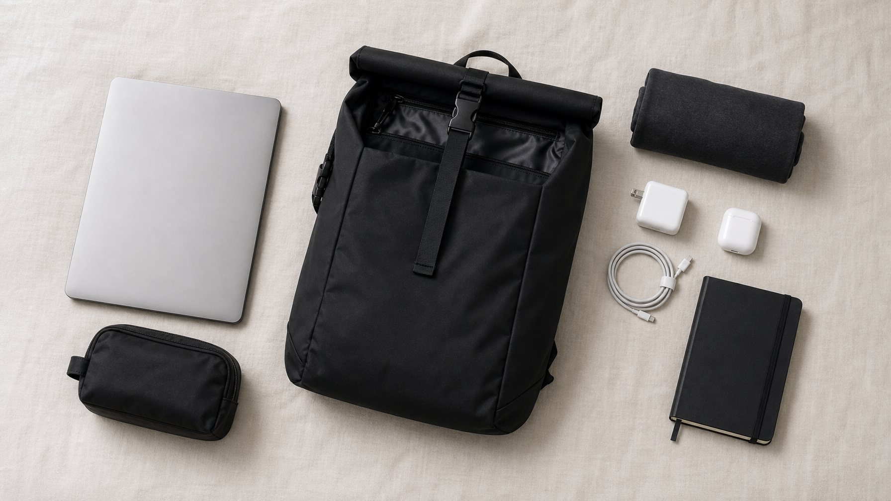 Overhead flat lay of a matte black roll-top backpack open beside its travel contents — laptop, rolled garment, toiletry kit, charger, earbuds — organized with breathing room on a clean surface