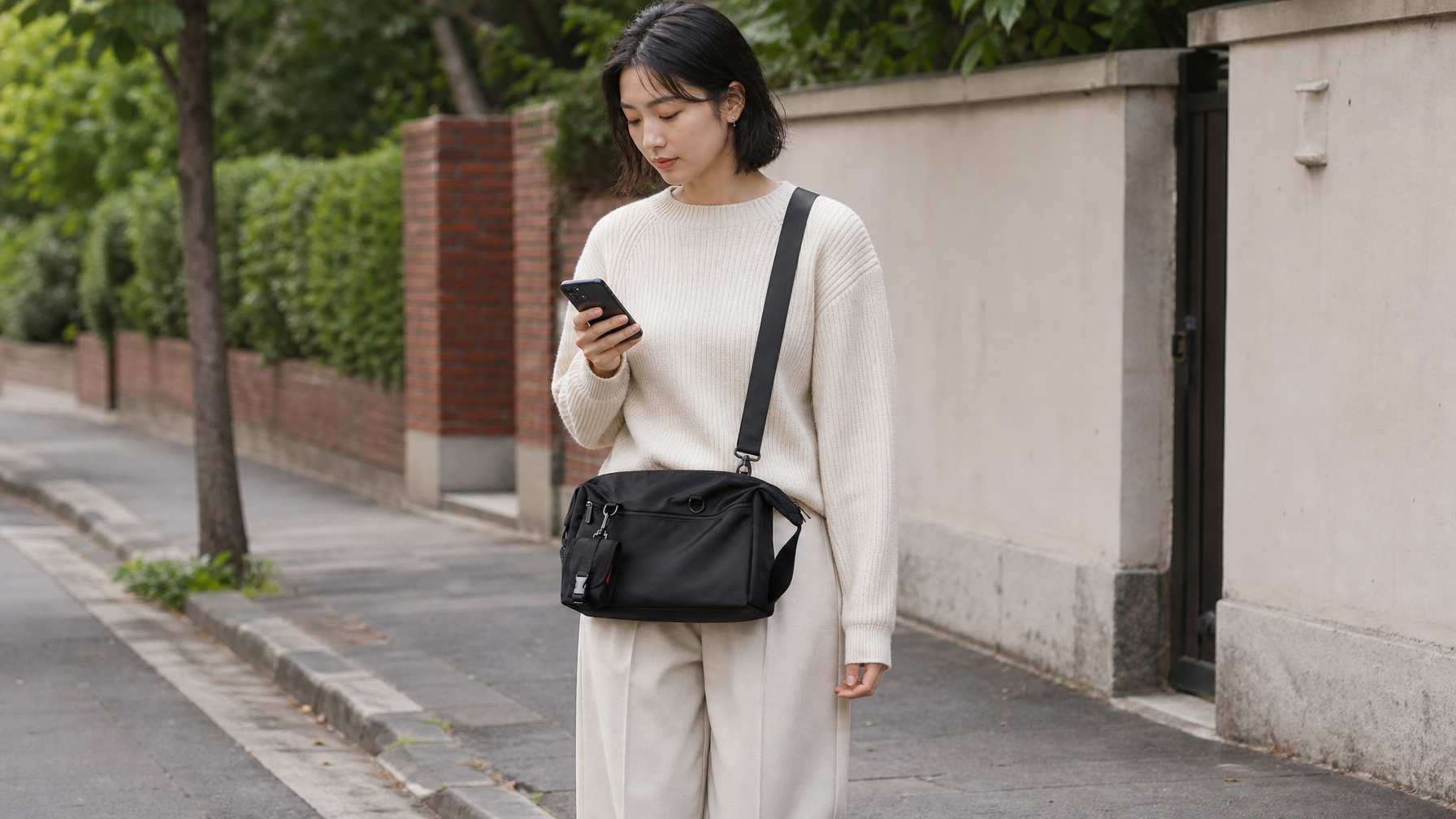 Light everyday essentials laid beside a structured black messenger that still holds its shape when nearly empty