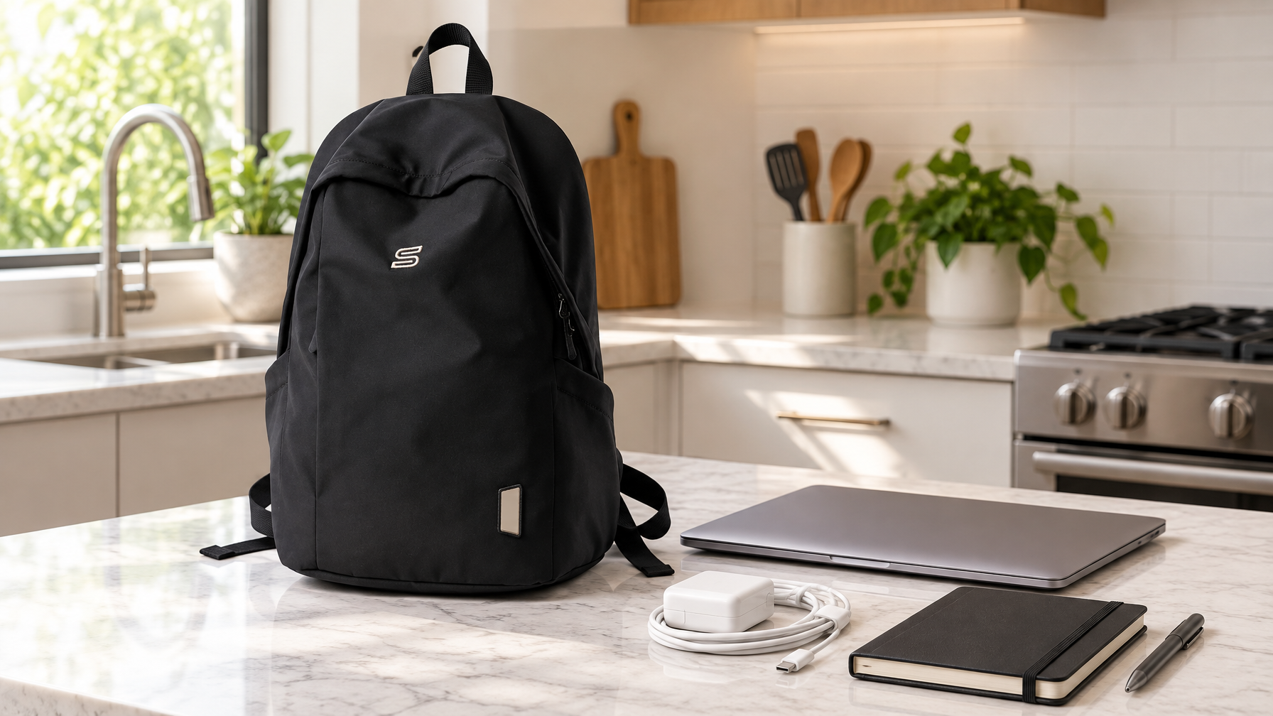 Black everyday backpack on a kitchen counter with a closed laptop, charger, and notebook staged beside it