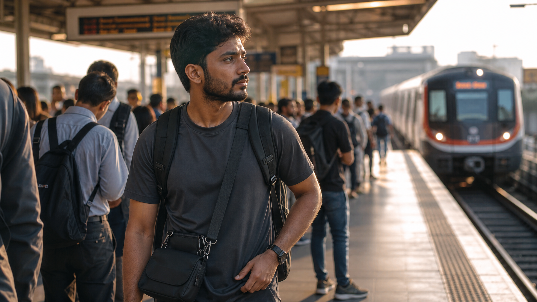 Commuter on crowded transit platform with hand resting on bag zipper close to hip