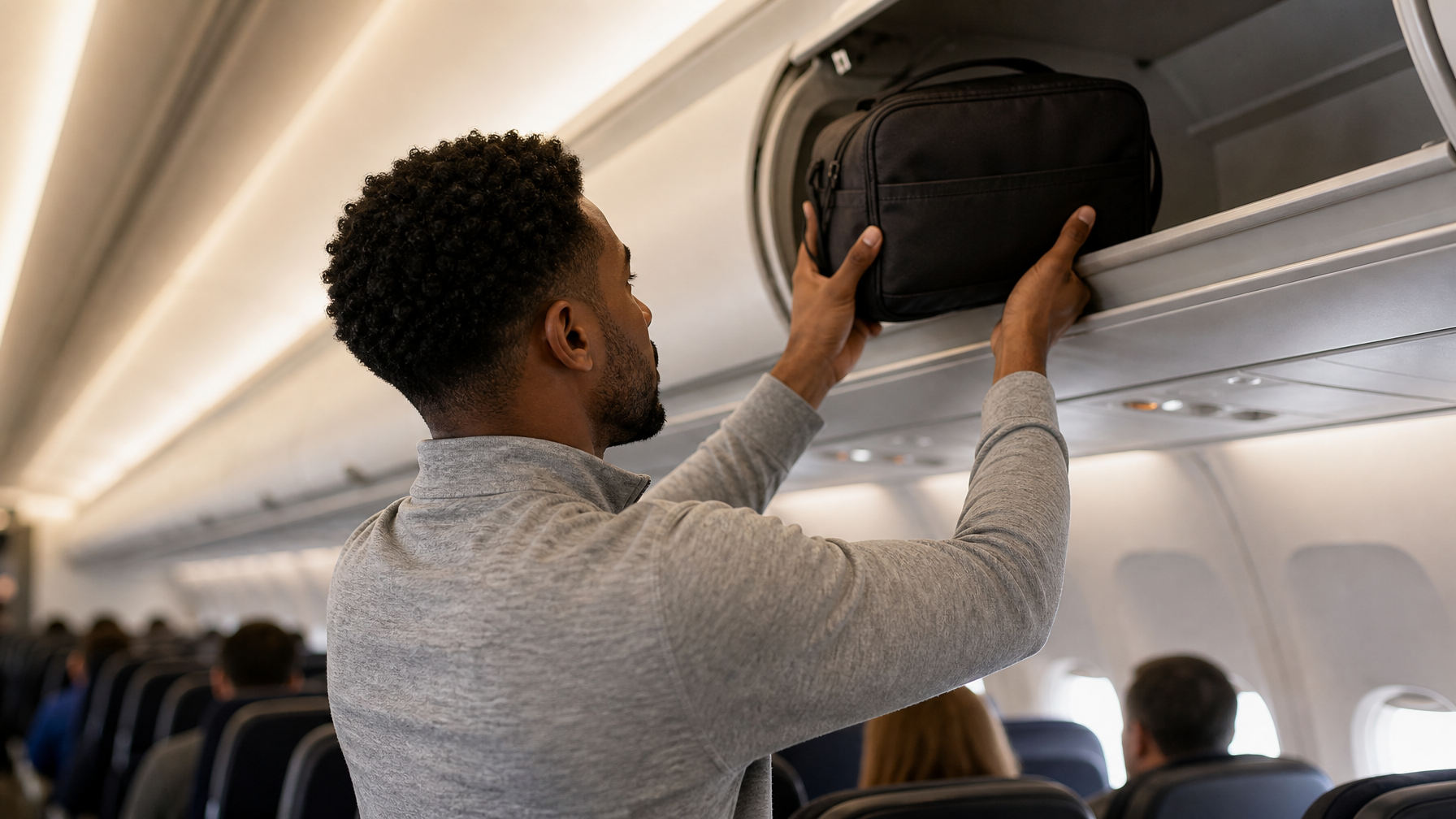 Mixed-race man in early 30s lifting a dark compact backpack into an airplane overhead bin, seen from the aircraft aisle — bag fits cleanly, natural cabin lighting