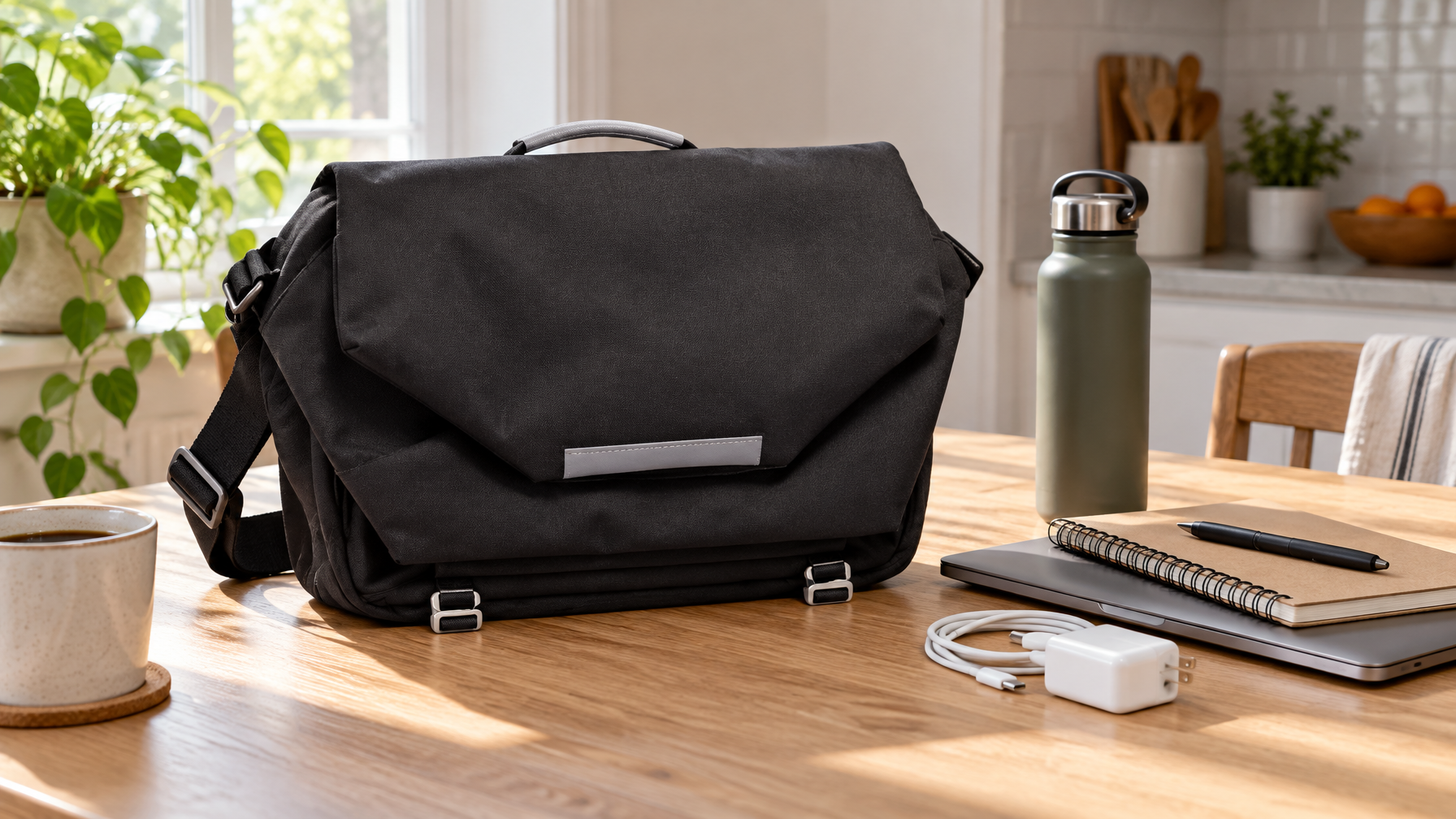 Black flap messenger on a light oak table with charger, notebook, and bottle beside it