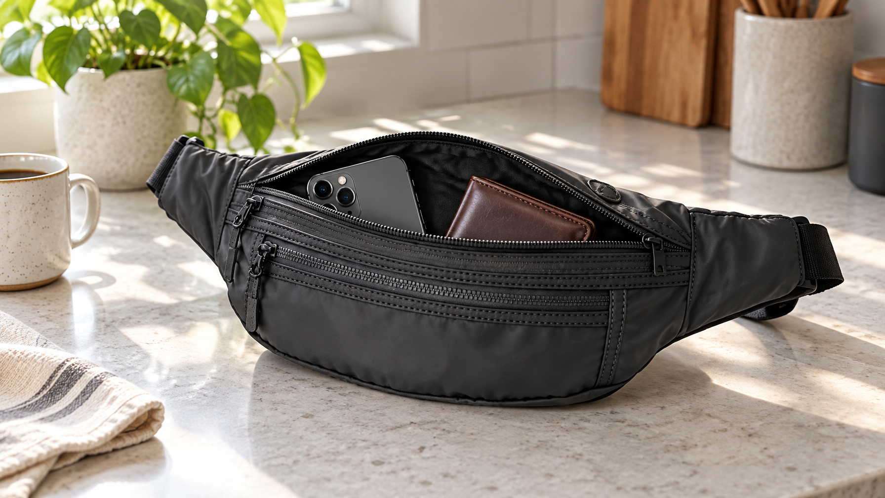 Open black waist pack on a kitchen counter with a phone and slim wallet in the main well