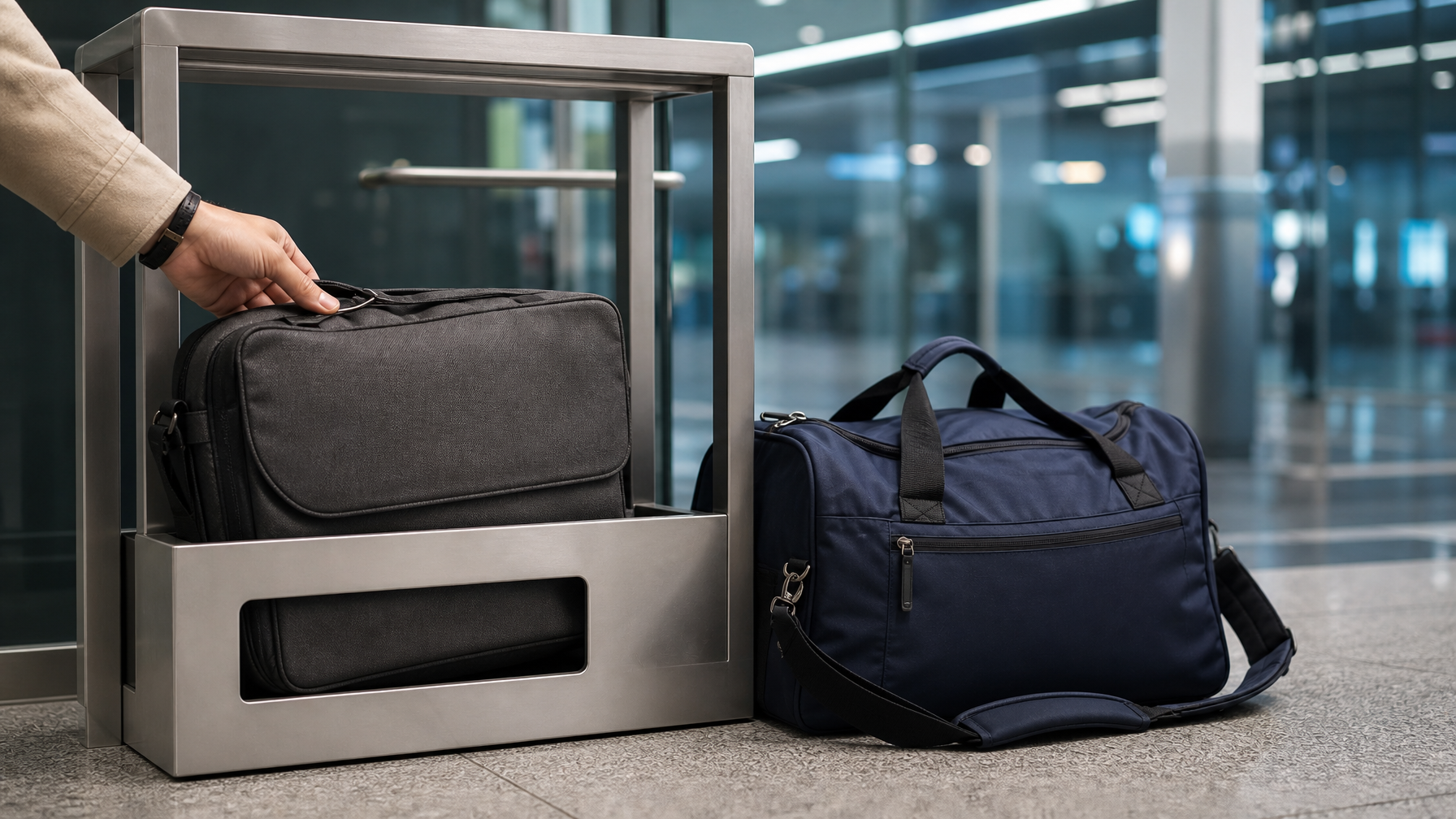 Soft unbranded bags beside an airport personal-item sizer frame in a terminal