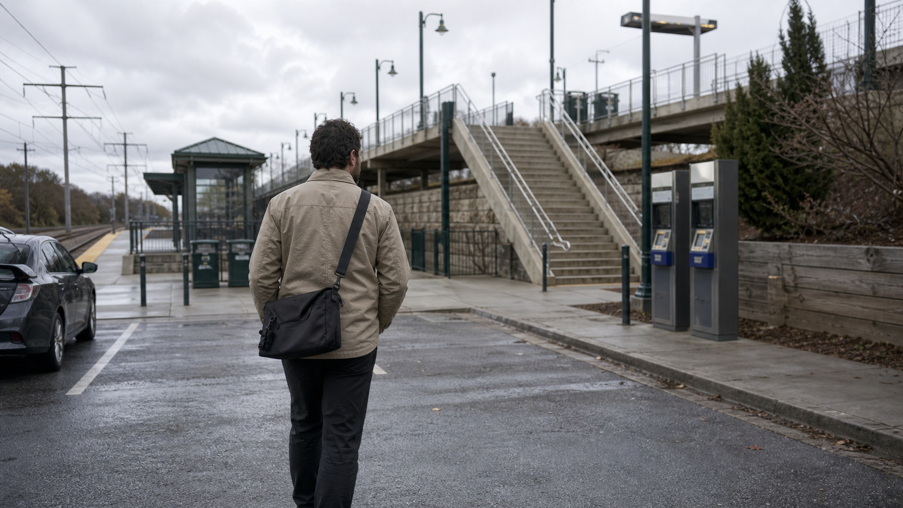 Person walking from a suburban commuter-rail parking lot toward platform stairs with a black messenger bag worn crossbody