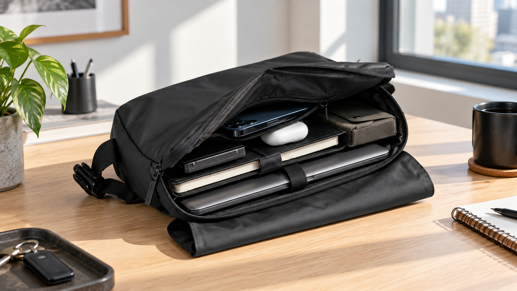 Open black slim laptop brief with a closed 14-inch laptop in the padded device sleeve on a light oak desk