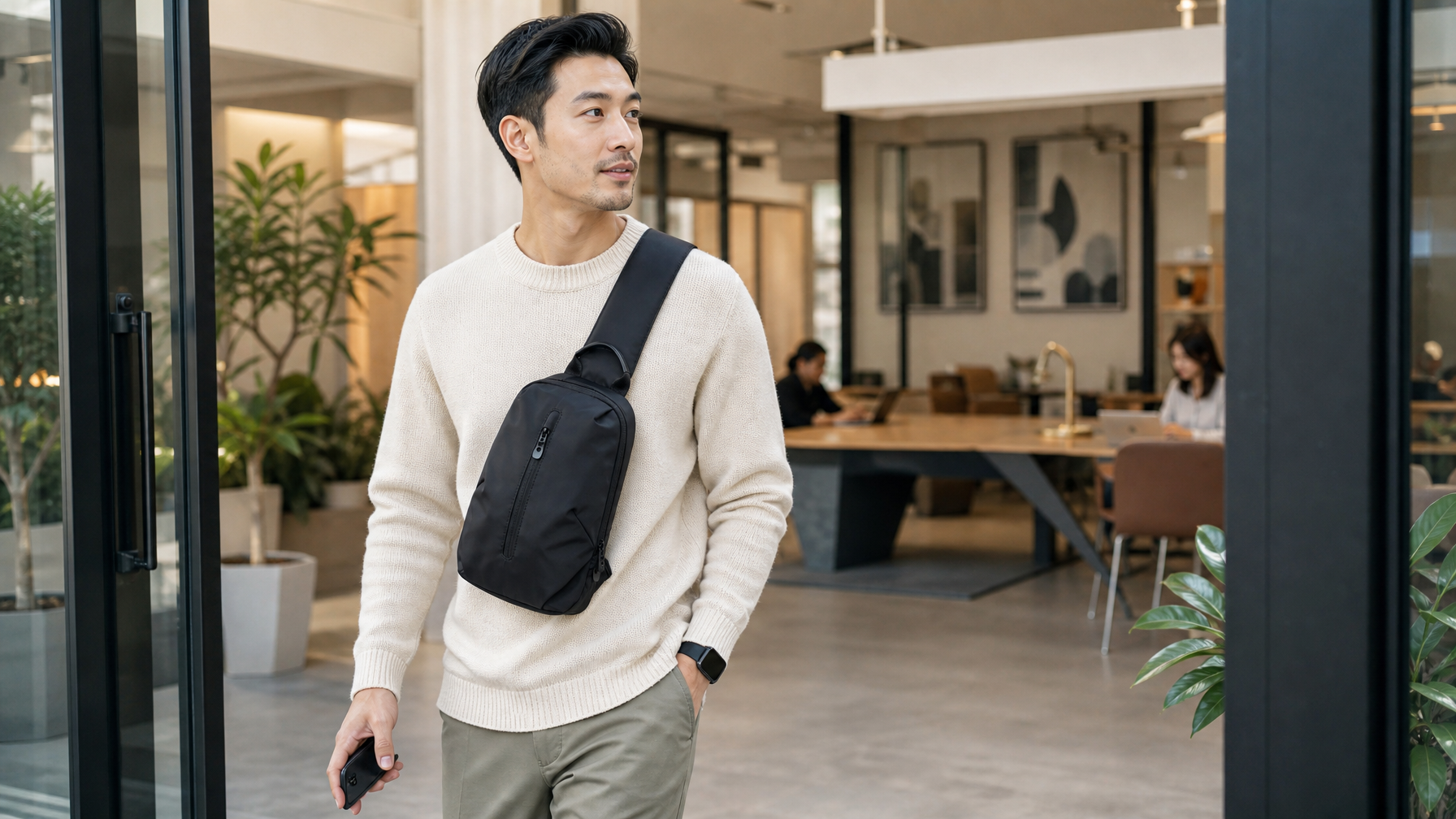 Person in a cream sweater wearing a slim black crossbody sling in a bright coworking lobby