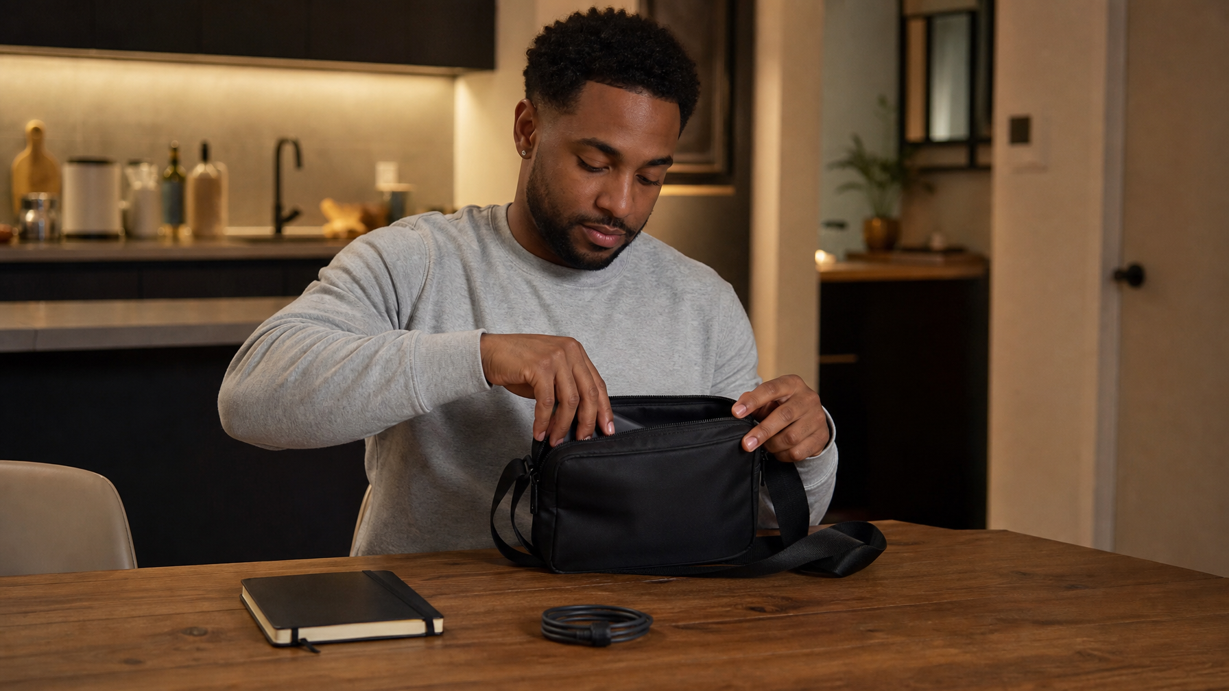 Black man in his late 20s in relaxed weekend clothing calmly placing items back into an open matte black crossbody messenger bag at a kitchen table on a Sunday evening, warm interior ambient light