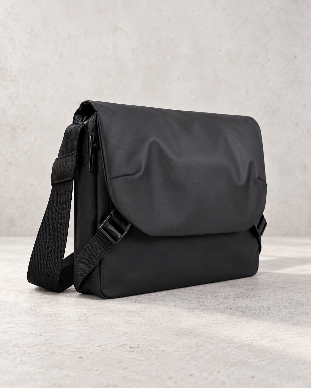 Black slim laptop brief closed, thin side profile on pale concrete