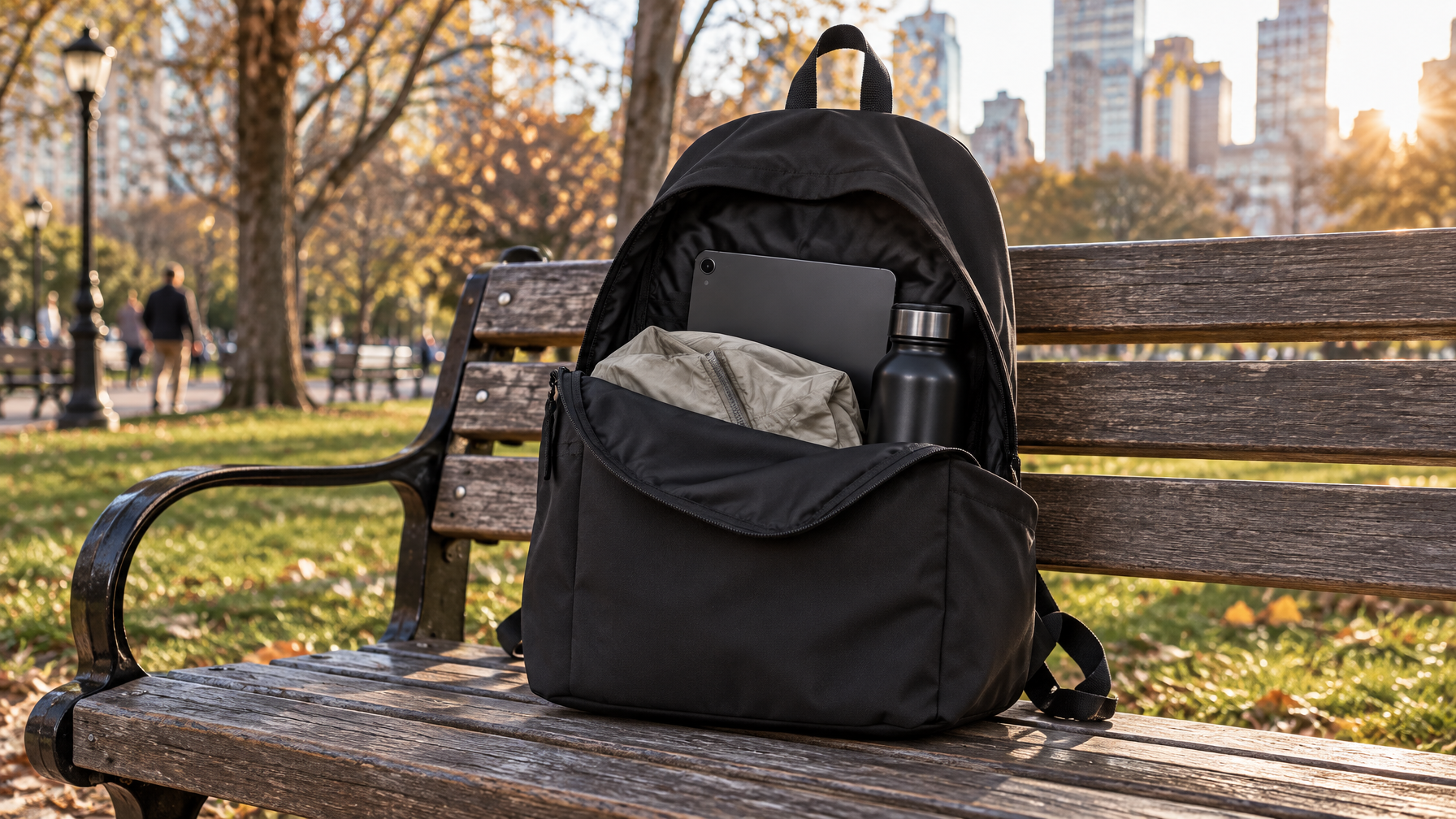 Lightweight black day backpack open on a park bench with tablet, water bottle, and jacket