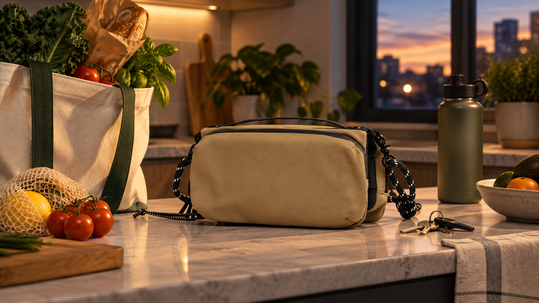Compact crossbody on a kitchen counter next to a grocery tote after work