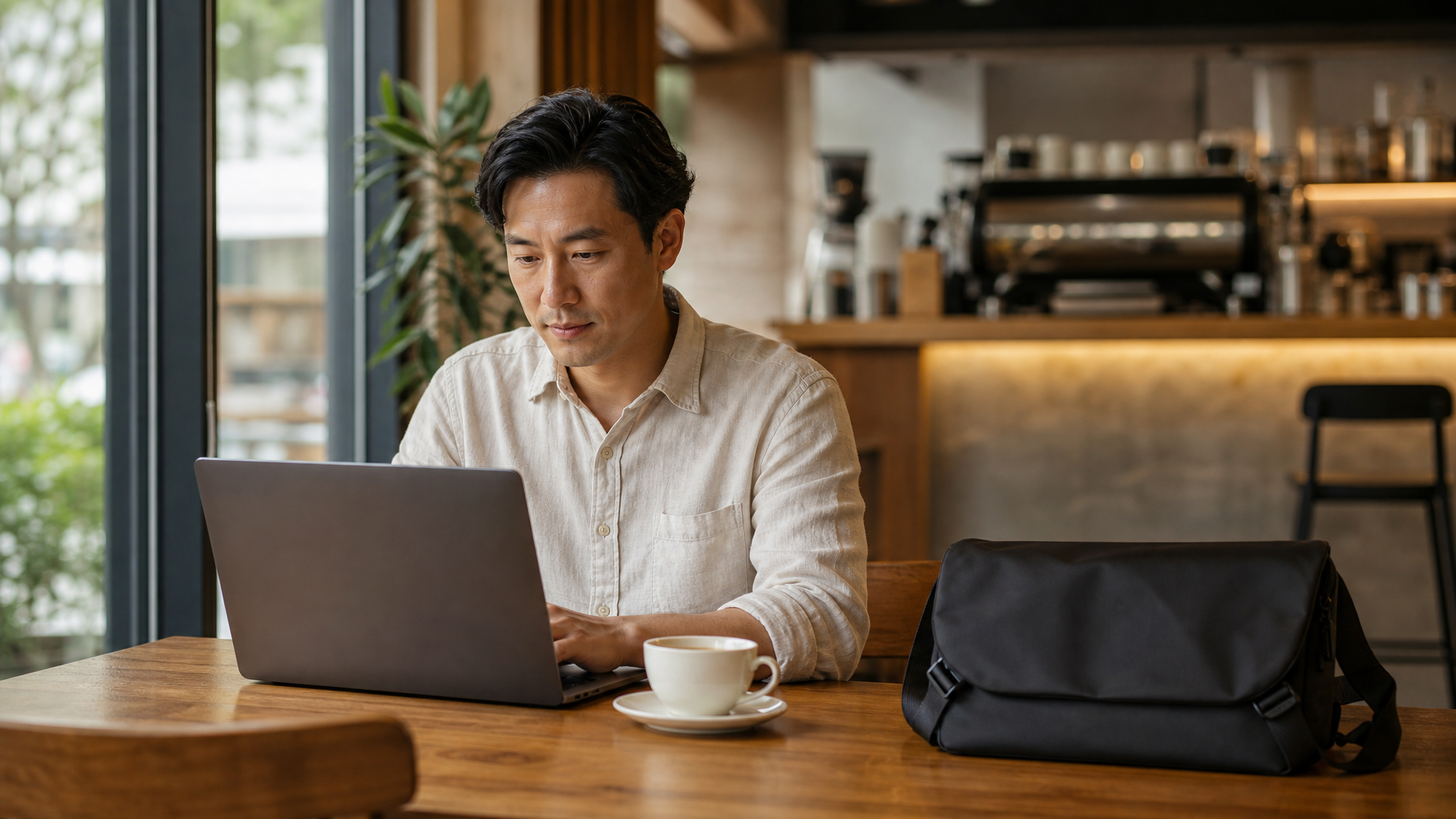 East Asian man in his late 30s seated at a café table between meetings, laptop open, slim matte black laptop brief closed beside a coffee cup, warm window light from the left