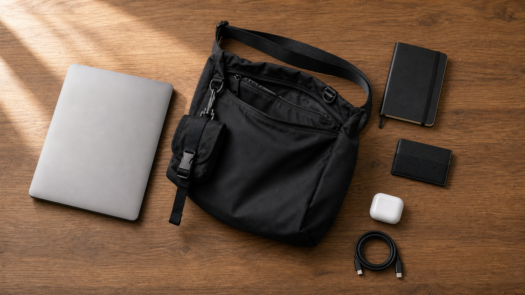 Overhead flat lay of a matte black messenger bag open on a wooden surface, surrounded by its contents — laptop, notebook, cable, cardholder, earbuds — all organized