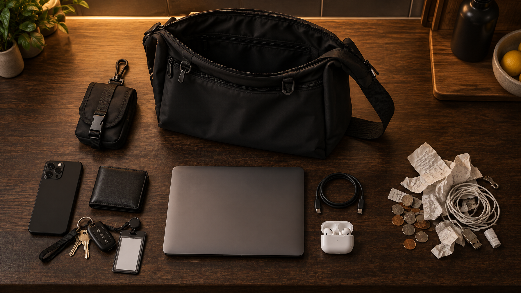 Open black messenger emptied on a wood counter with daily reach items, tech kit, and a junk pile sorted separately