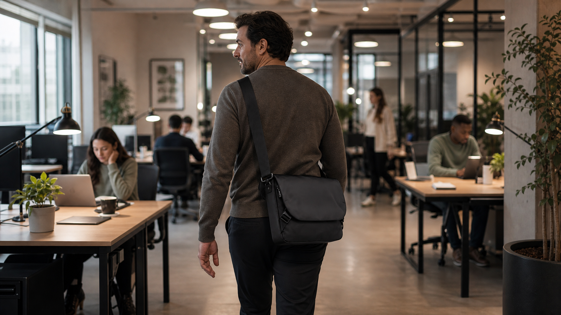 Person walking a hot-desk aisle in a modern coworking space with a slim black laptop brief