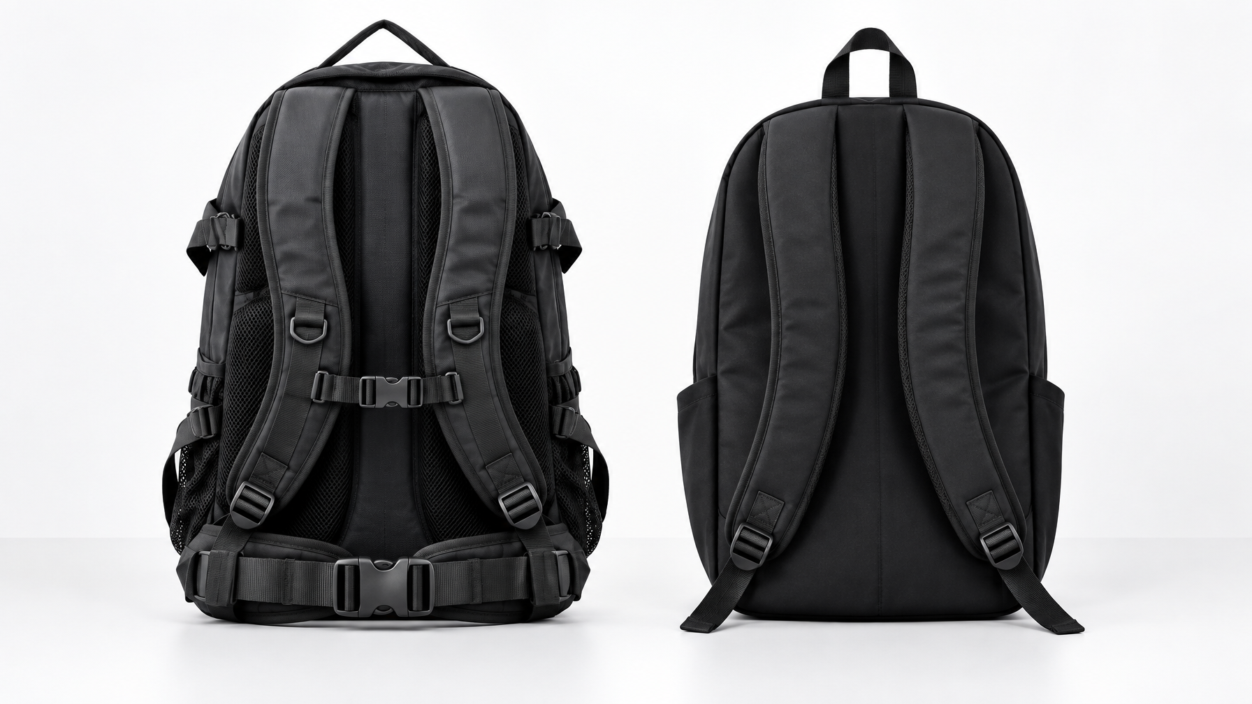 Side-by-side black Apex and Lite backpacks showing thicker Apex straps and simpler Lite straps on a light table