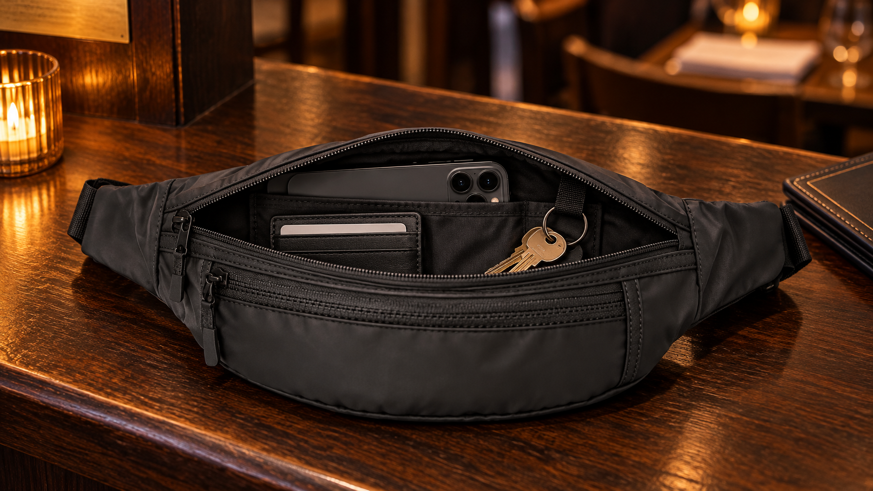 Open black waist pack on a wood surface with phone, slim wallet, and keys only