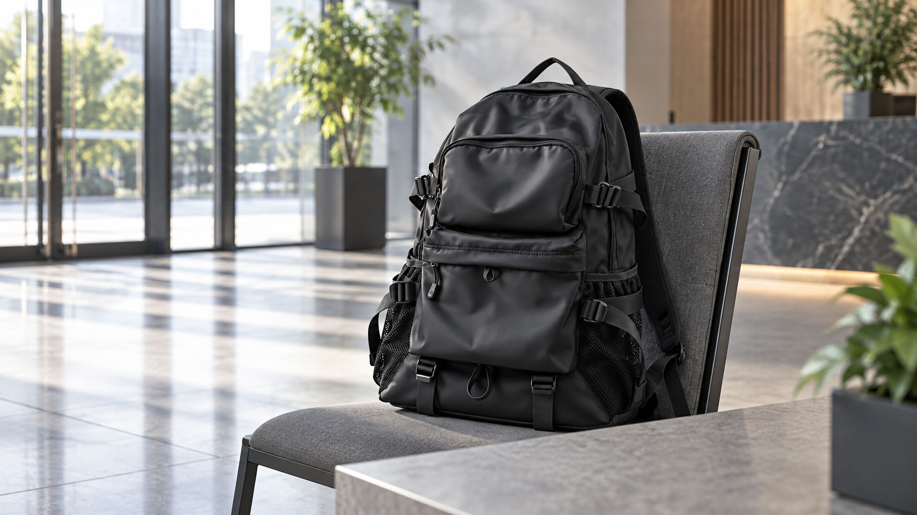 Closed black Apex dual-compartment backpack resting on a chair back in a modern office lobby near glass doors in soft morning light