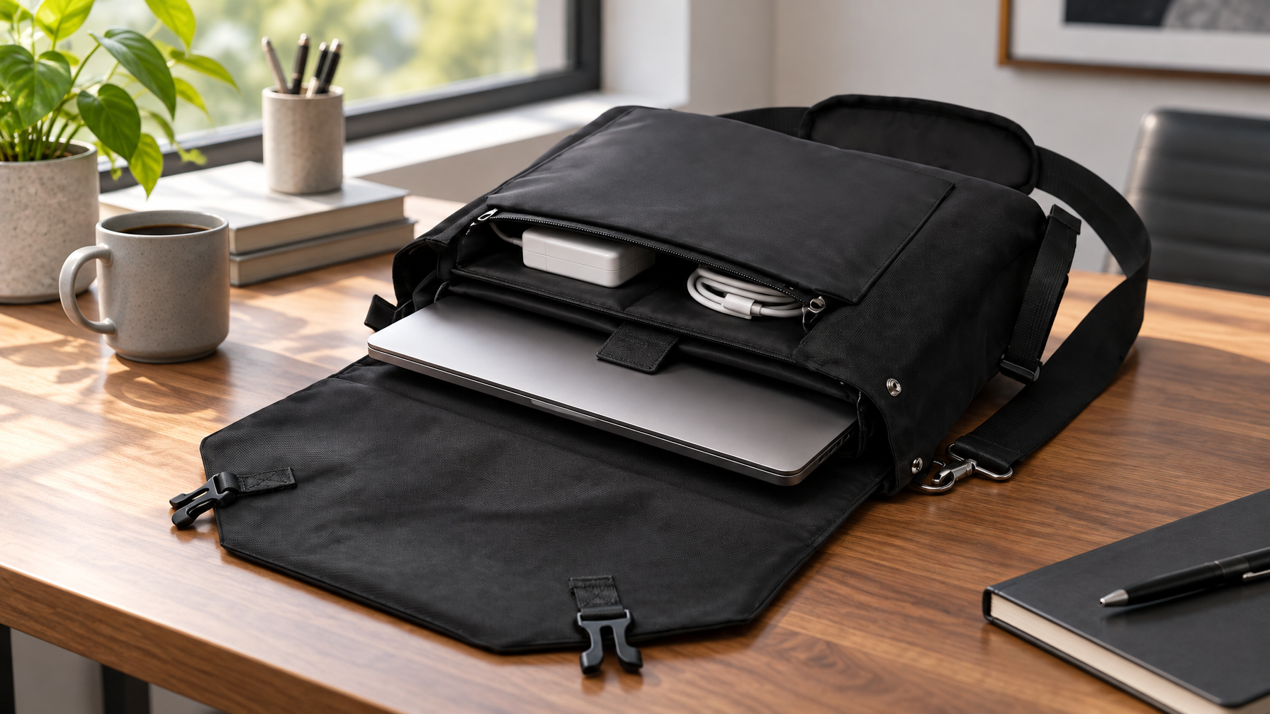 Open black slim laptop brief on a desk with a slim laptop sliding into the padded compartment