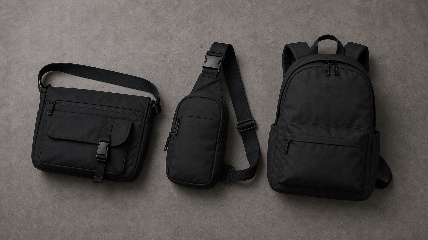 Overhead flat lay on a grey surface showing three matte black bag styles side by side. A compact crossbody messenger, a slim sling, and a lightweight backpack. All under $100