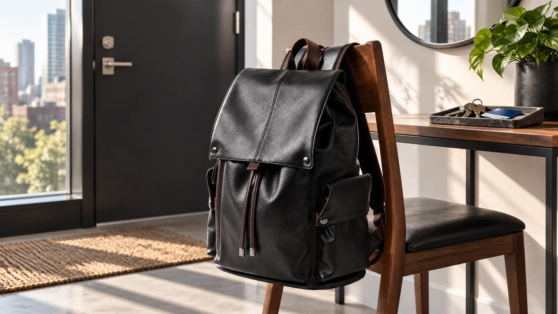 Black PVC day pack hanging on a chair near an entry console with keys
