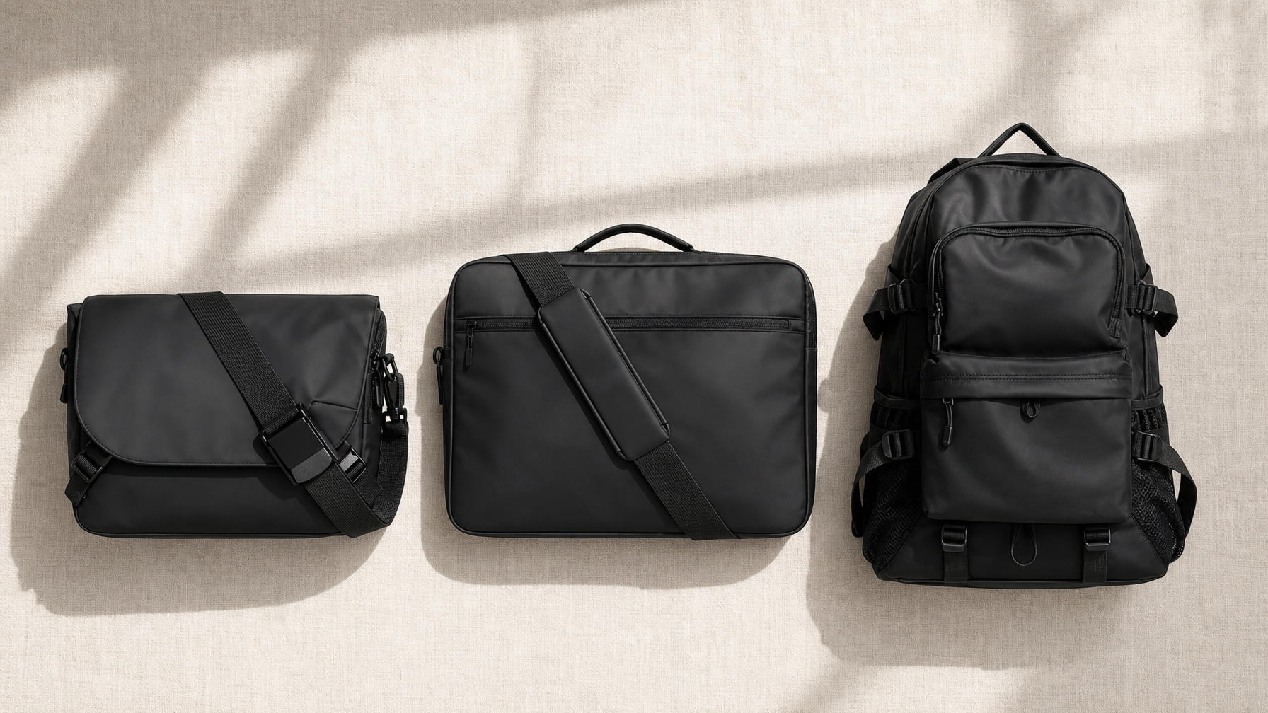 Overhead flat lay on a warm linen surface of three distinct work bag silhouettes: a compact structured crossbody messenger bag on the left, a slim laptop brief in the center, and a structured organized backpack on the right, soft directional window light