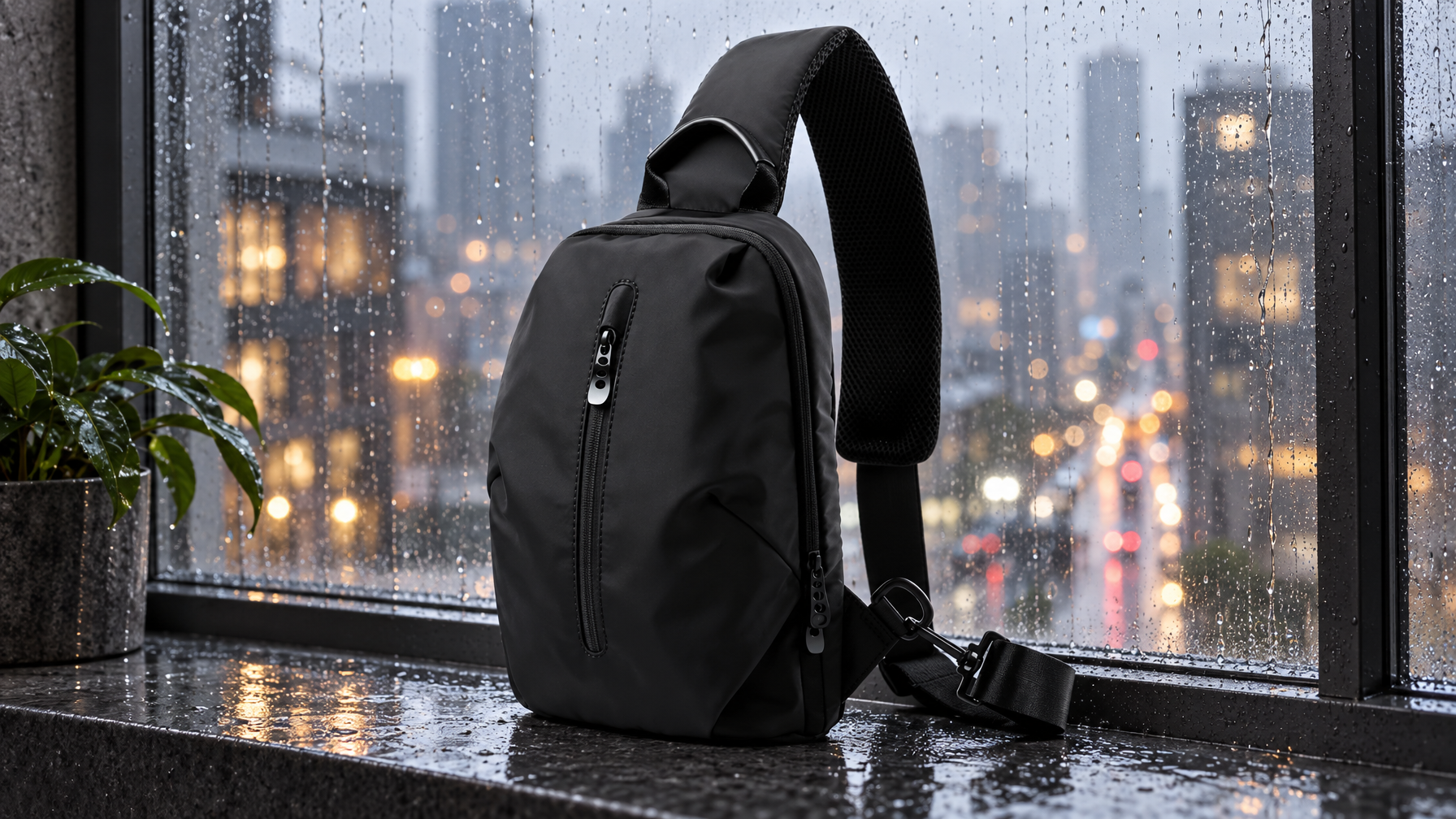 Black Oxford tablet sling standing by a rain-wet city window