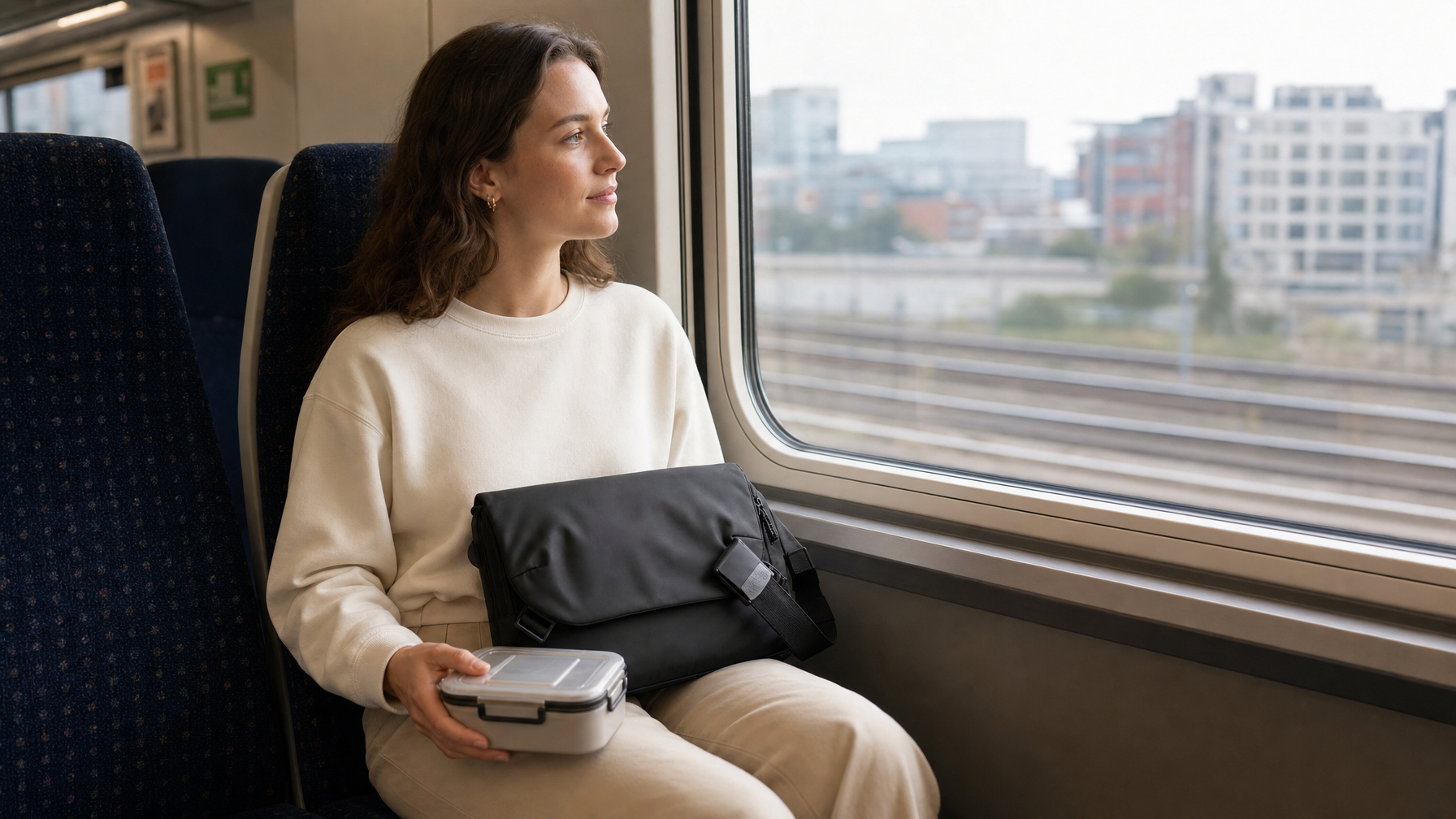 Woman on a commuter train with a closed slim laptop brief on her lap and a sealed lunch box in her other hand
