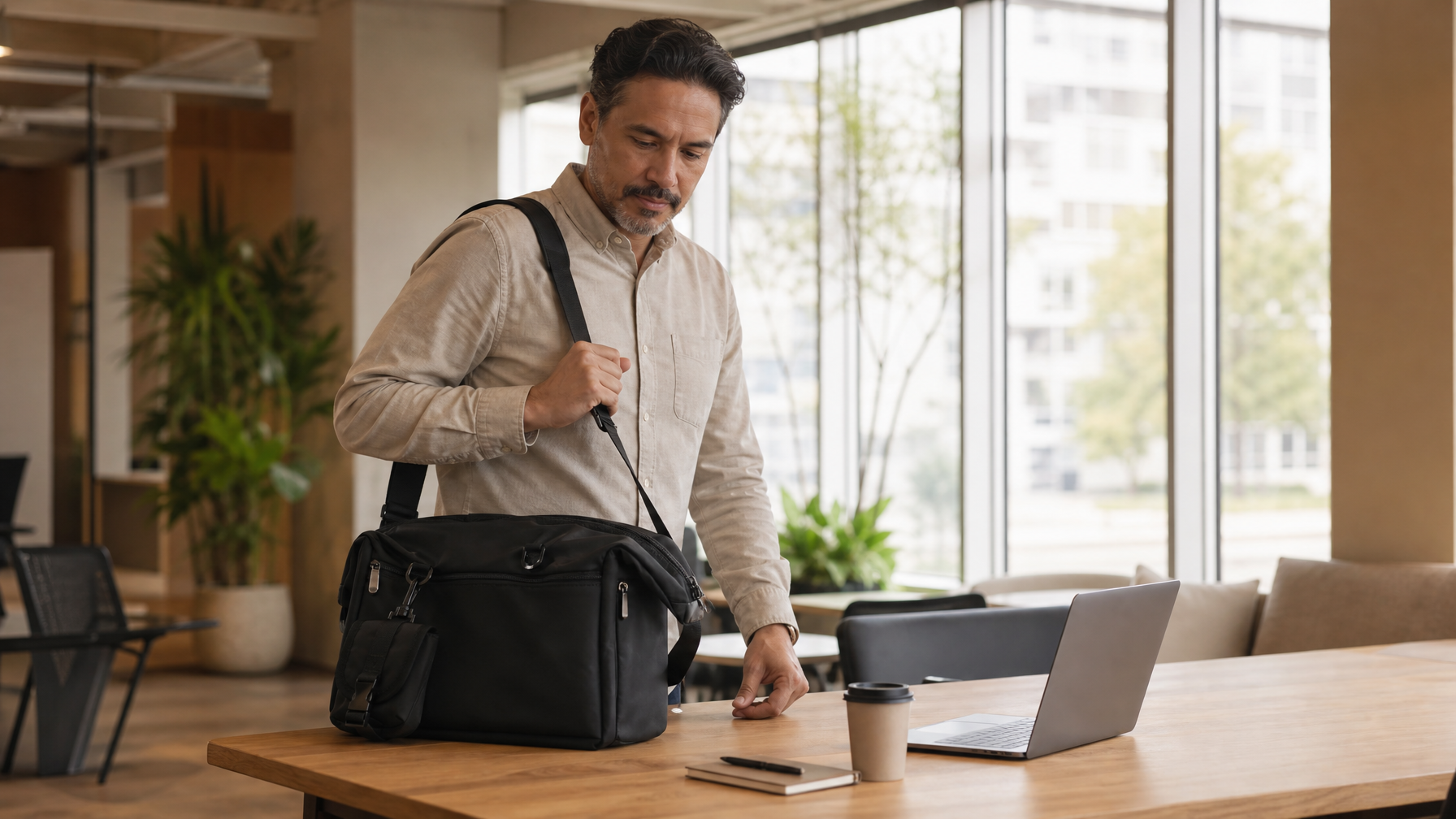 Hispanic man in his mid-40s arriving at a modern open-plan workspace, setting a structured dark messenger bag on a desk with one hand still on the strap. The bag holds its shape under a full load