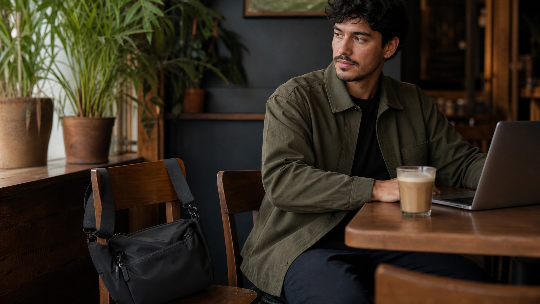 Man working in cafe with crossbody bag on chair back staying in contact