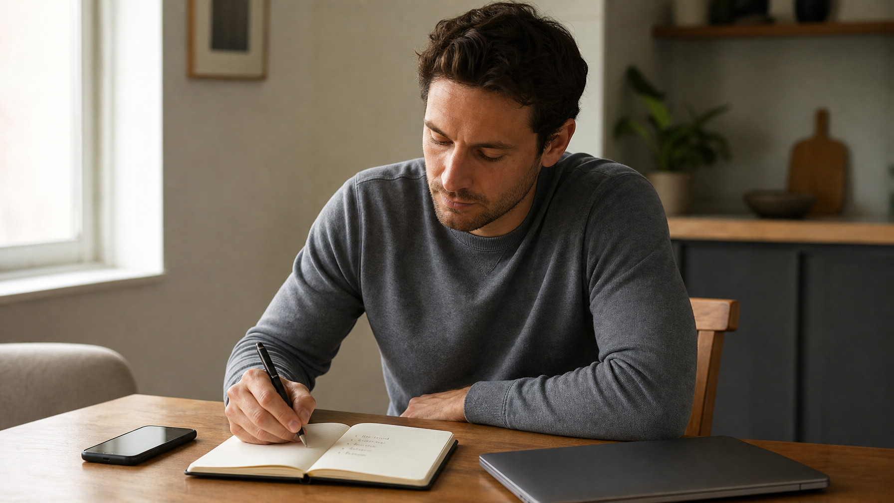 Man at a home desk writing a short, deliberate list in a notebook before packing — the one question that cuts every packing list down to what actually matters.
