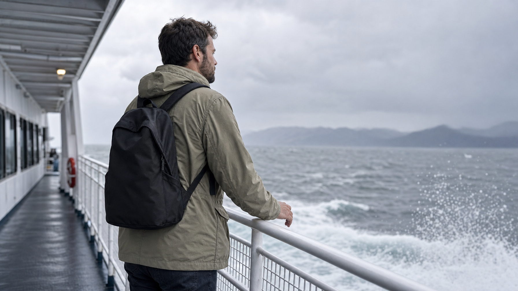 Man in a light olive jacket standing at a ferry deck railing with a black two-strap backpack on both shoulders