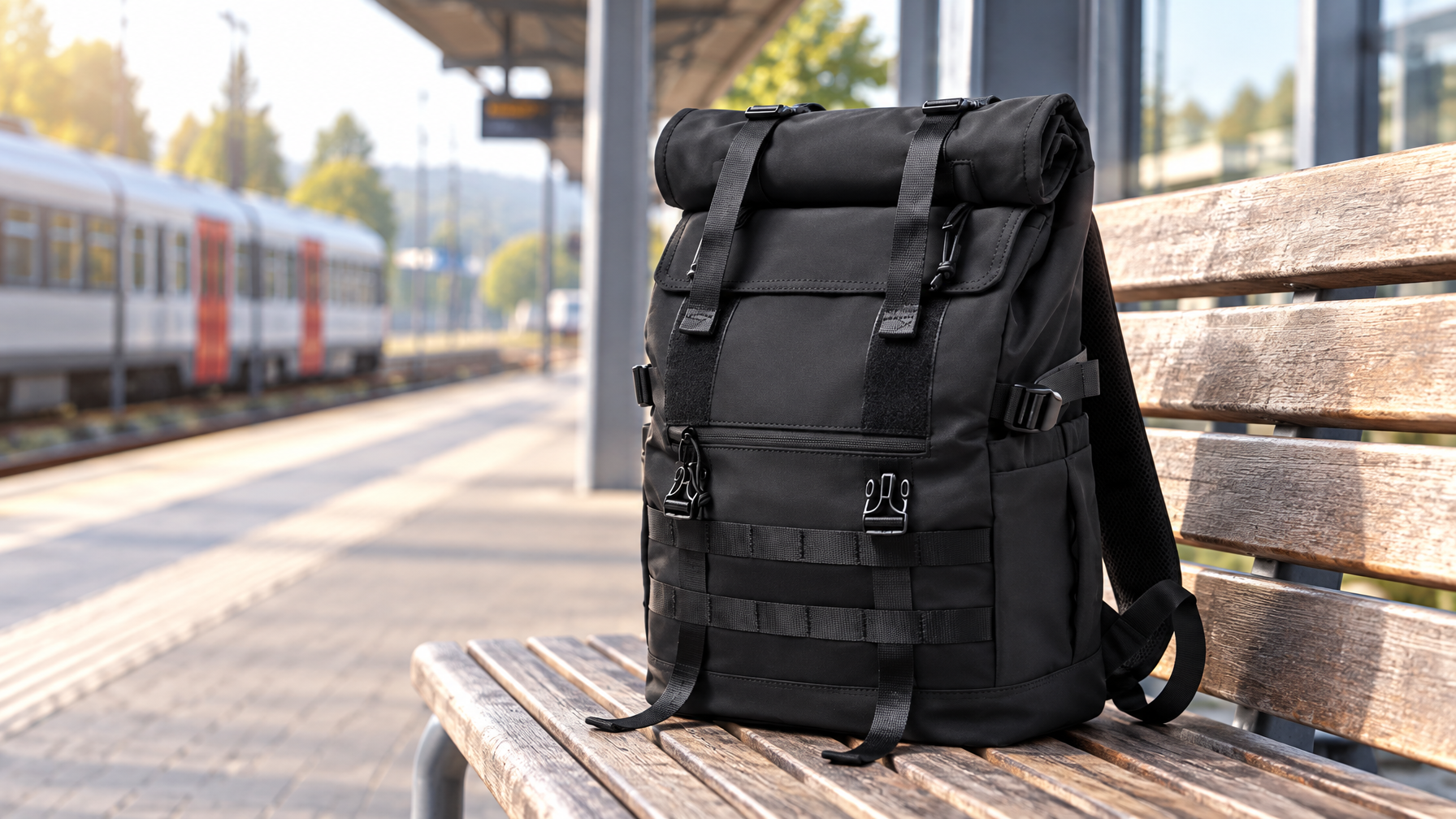 Black expandable roll-top backpack on a wooden bench at a regional train platform
