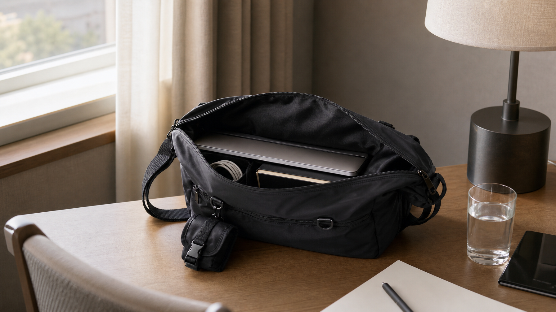 Open black messenger on a hotel desk with a laptop in the main compartment, one short cable, and a thin notebook