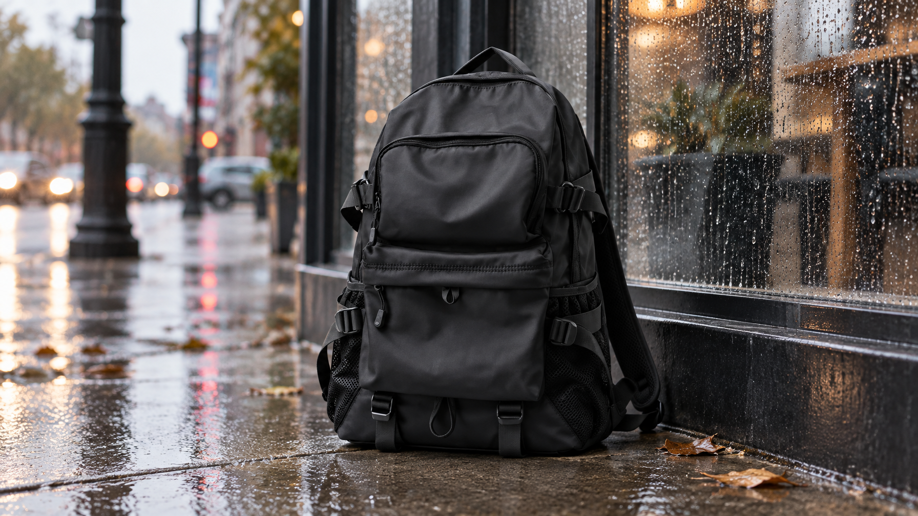 Black nylon laptop backpack standing by a rain-wet city window