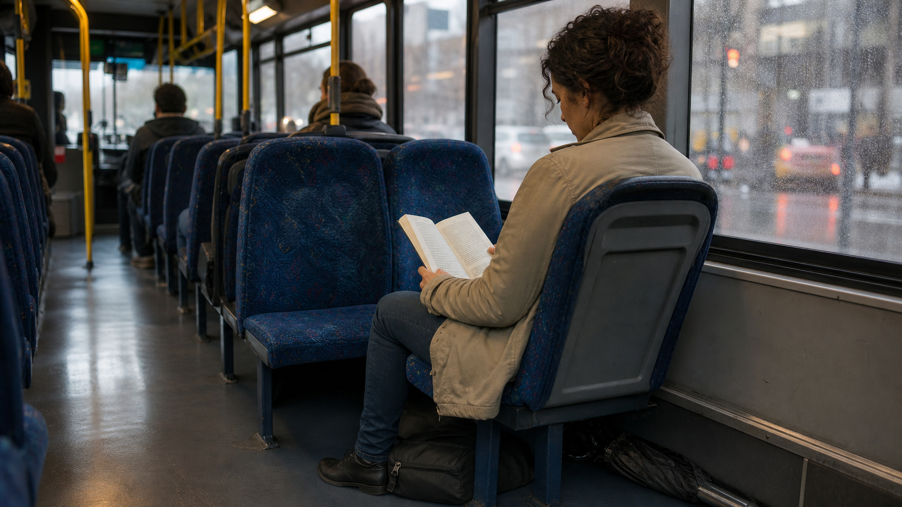Passenger on a city bus with a compact backpack tucked under the seat and a wet umbrella in the footwell