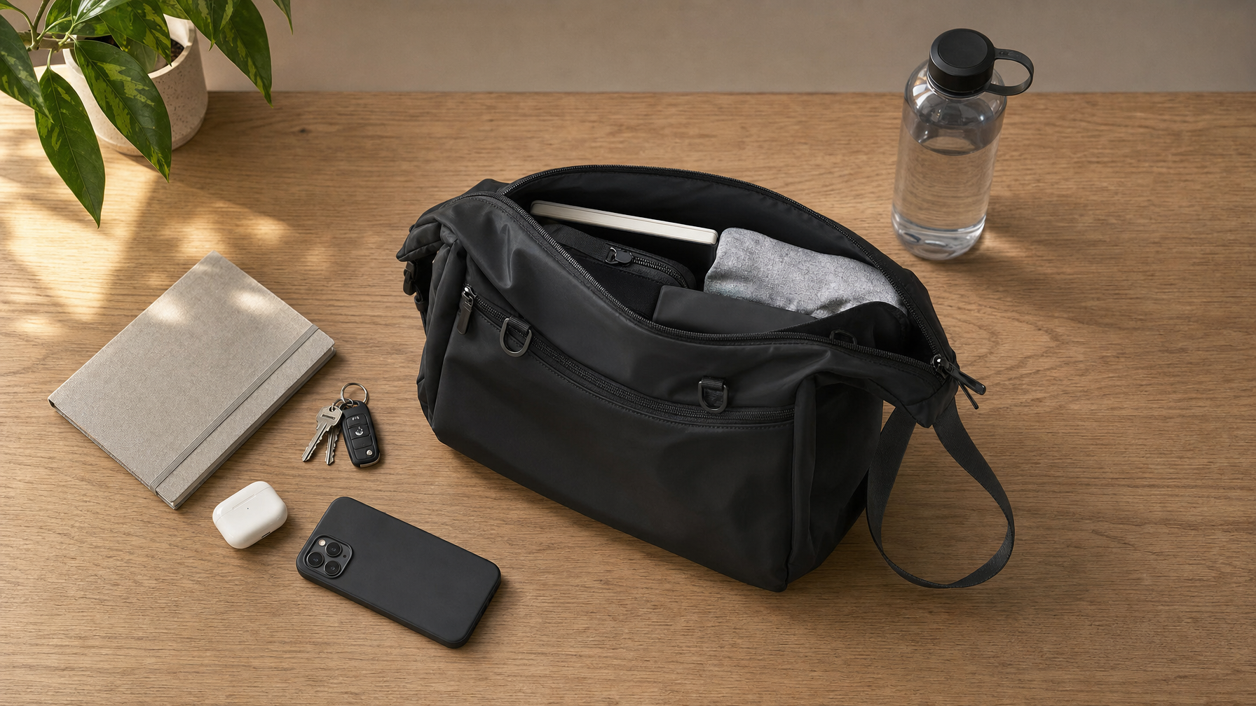 Open everyday messenger bag on a wood desk beside notebook, keys, earbuds, phone, and water bottle in morning light